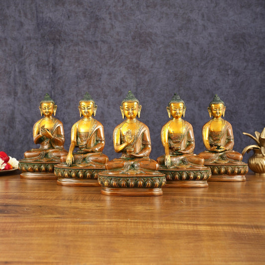 Brass Set of 5 Dhyani Buddha Statues - 8 inch | 100% Certified Copper & Brass - Sama Homes Idol - Brass Sculpture
