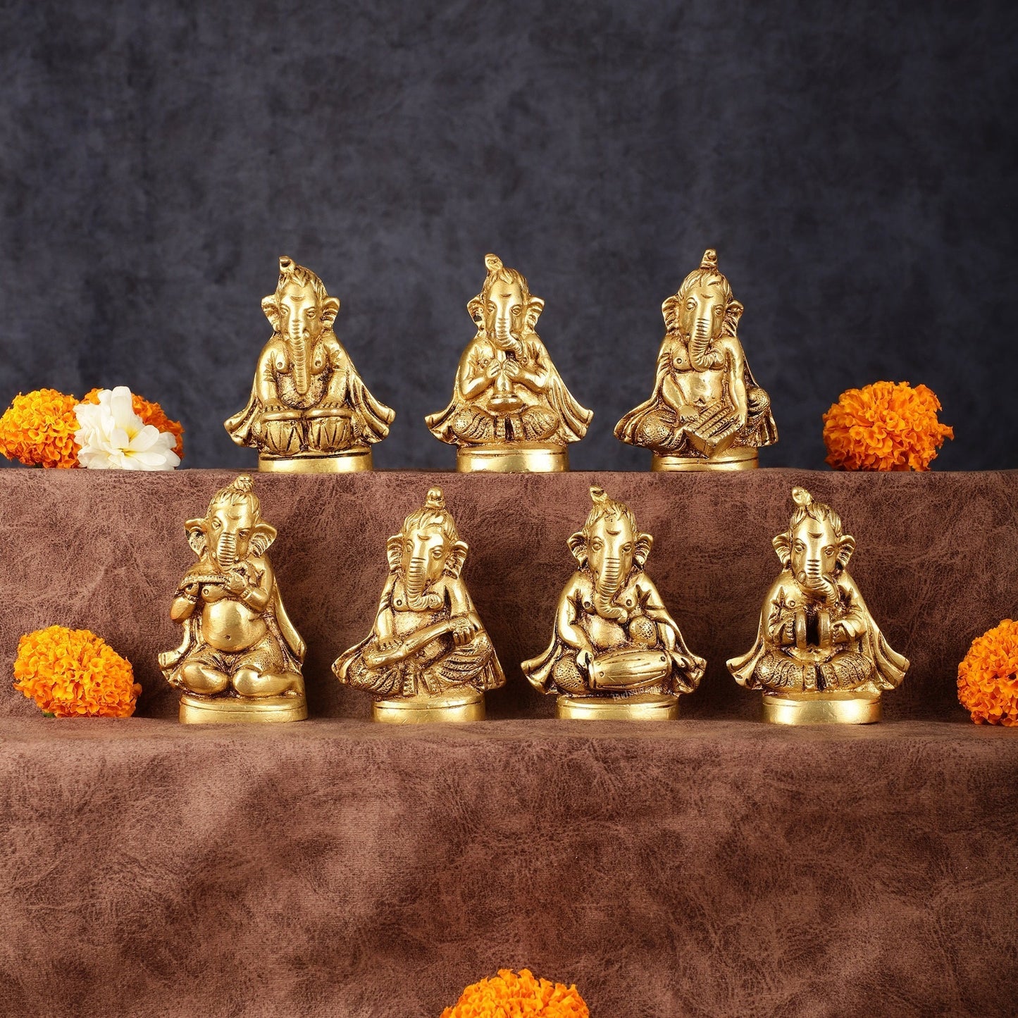 Brass Set of 7 Ganesha Musicians - 3.5 Inch, Perfect Gift | 100% Certified Copper & Brass - Sama Homes Idol - Brass Sculpture