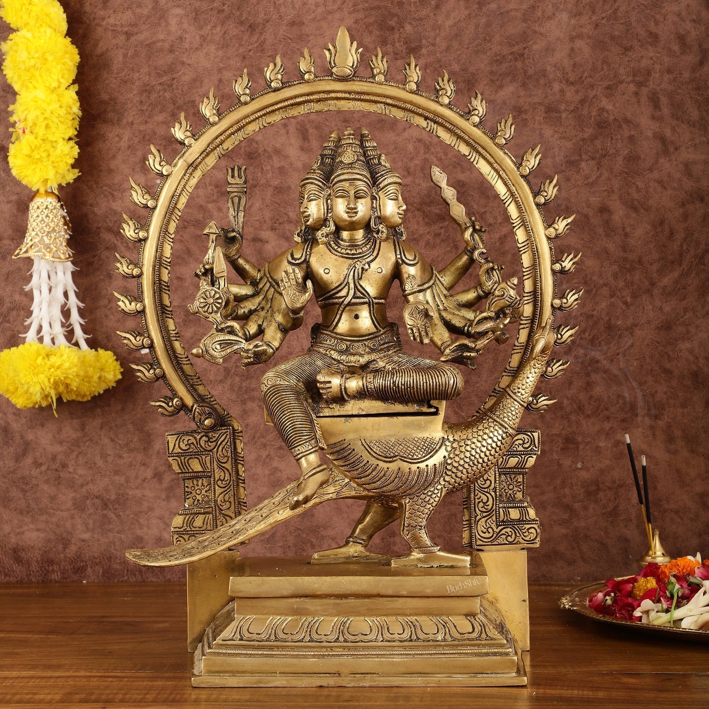 Brass Shanamurugan 6-Face Kartikeya Statue on Peacock with Prabhaval - 17" | 100% Certified Copper & Brass - Sama Homes Idol - Brass Sculpture