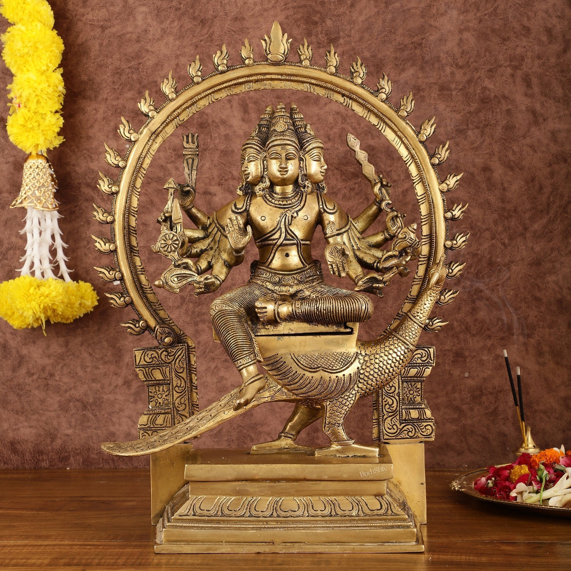 Brass Shanamurugan 6-Face Kartikeya Statue on Peacock with Prabhaval - 17" | 100% Certified Copper & Brass - Sama Homes Idol - Brass Sculpture - Eco-friendly - Sama Homes