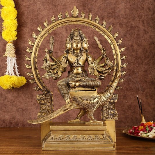 Brass Shanamurugan 6-Face Kartikeya Statue on Peacock with Prabhaval - 17" | 100% Certified Copper & Brass - Sama Homes Idol - Brass Sculpture