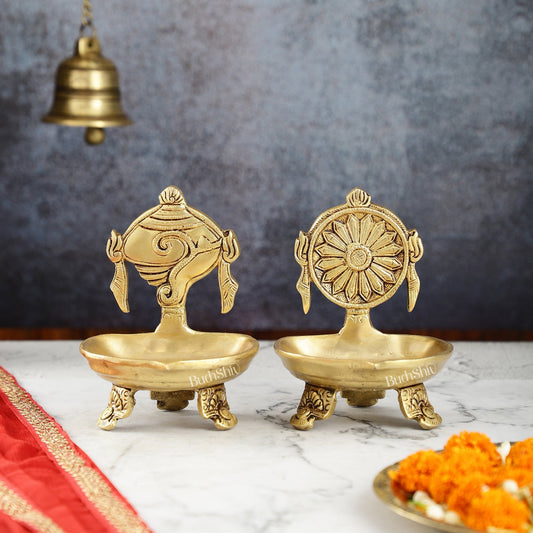 Sama Homes-brass shankh and chakra oil lamps