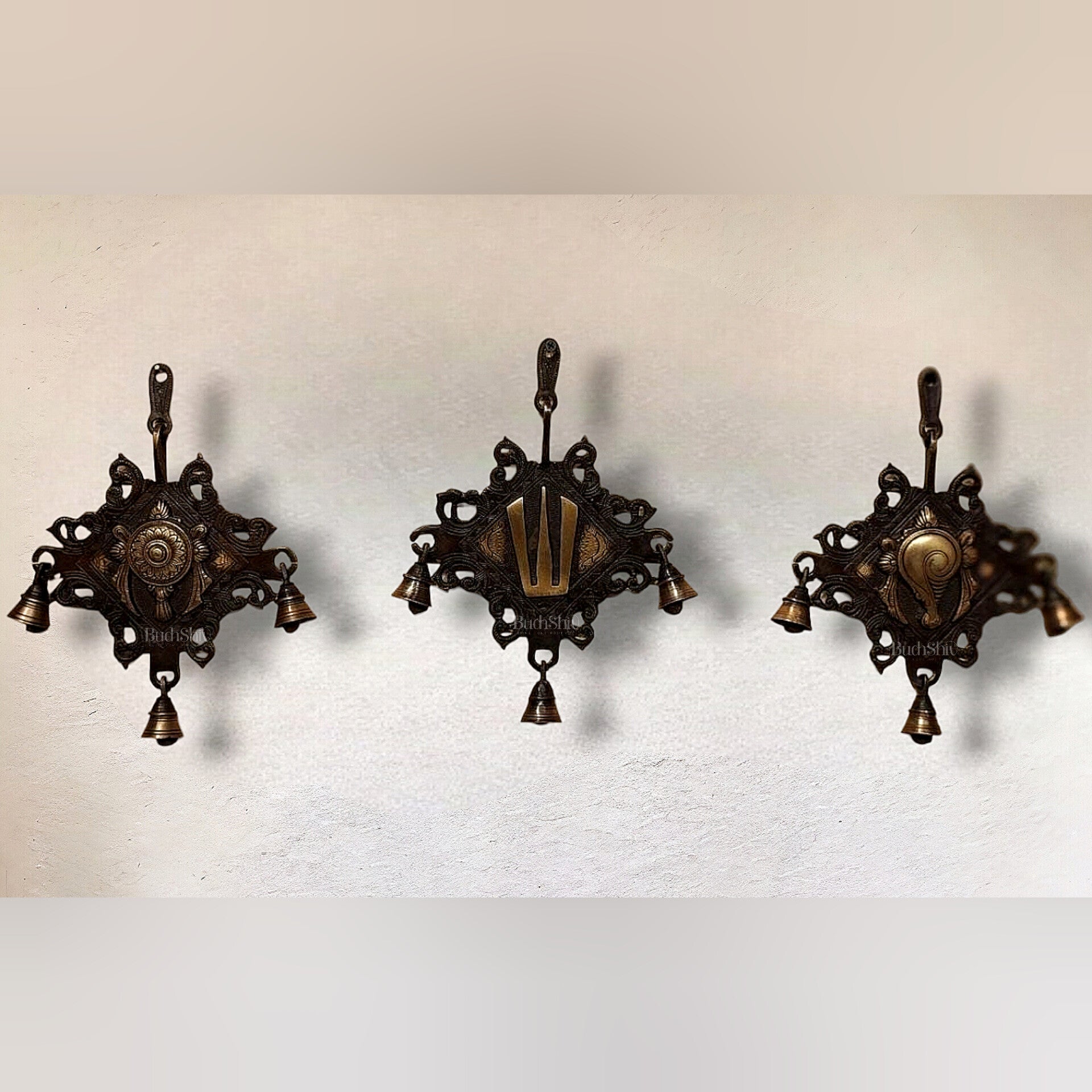 Brass Shankh Chakra Namaha wall hanging 10 " – Sama Homes - Eco-friendly - Sama Homes