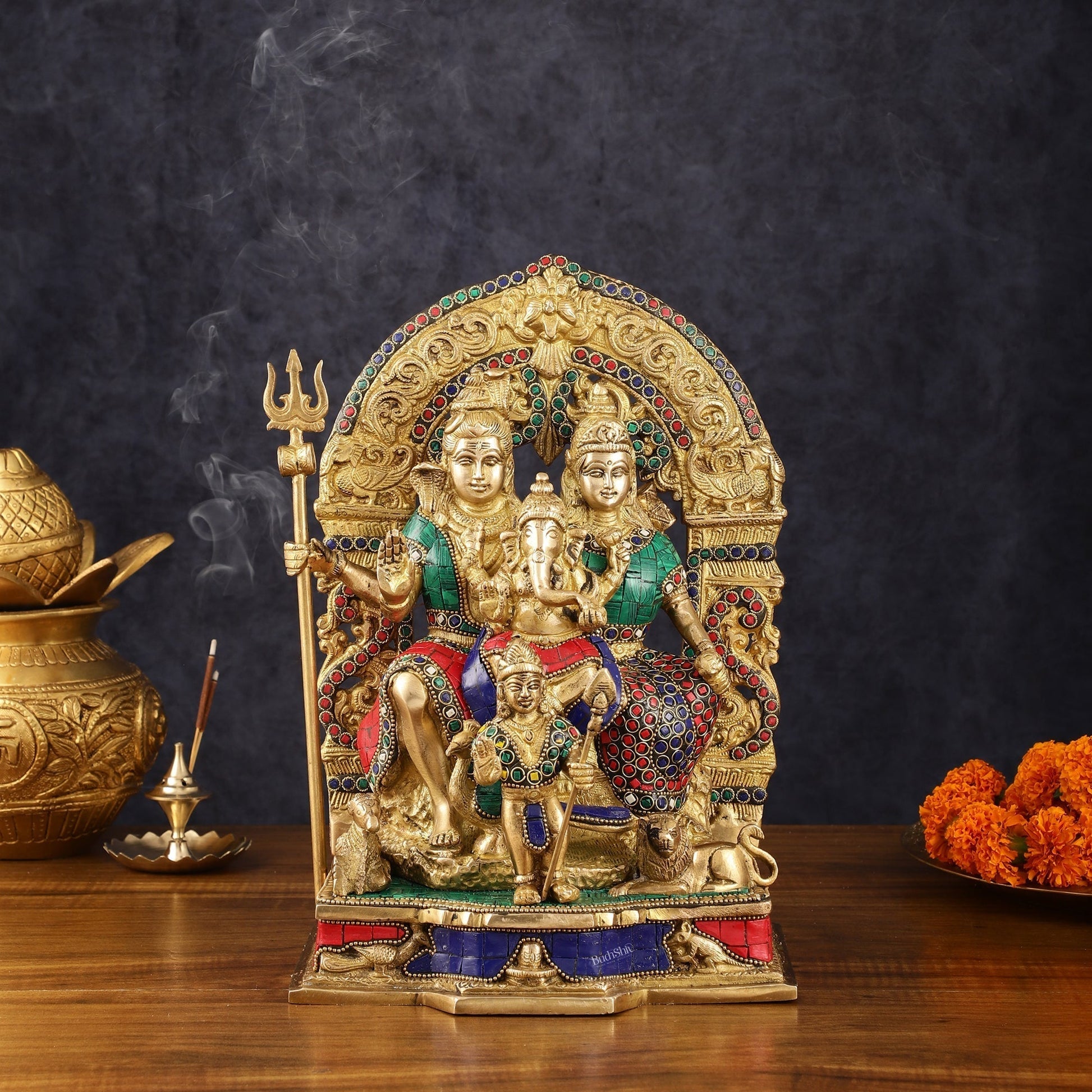 Brass Shiv Parivar Idol - Complete Divine Harmony - 12" Height | 100% Certified Copper & Brass - Sama Homes Idol - Brass Sculpture - Eco-friendly - Sama Homes