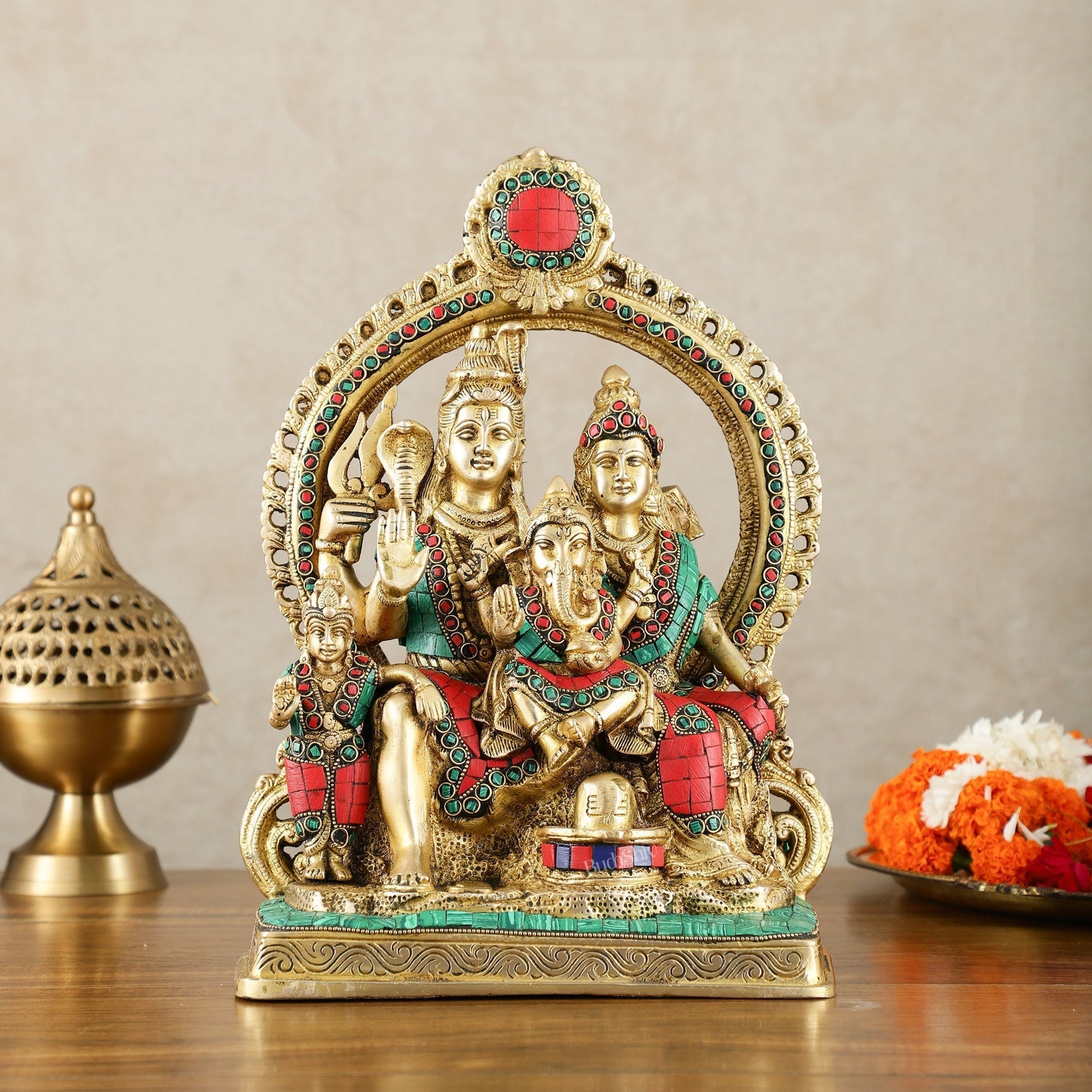 Brass Shiv Parivar Idol with Frame - 12.5 inch stonework | 100% Certified Copper & Brass - Sama Homes Idol - Brass Sculpture - Eco-friendly - Sama Homes