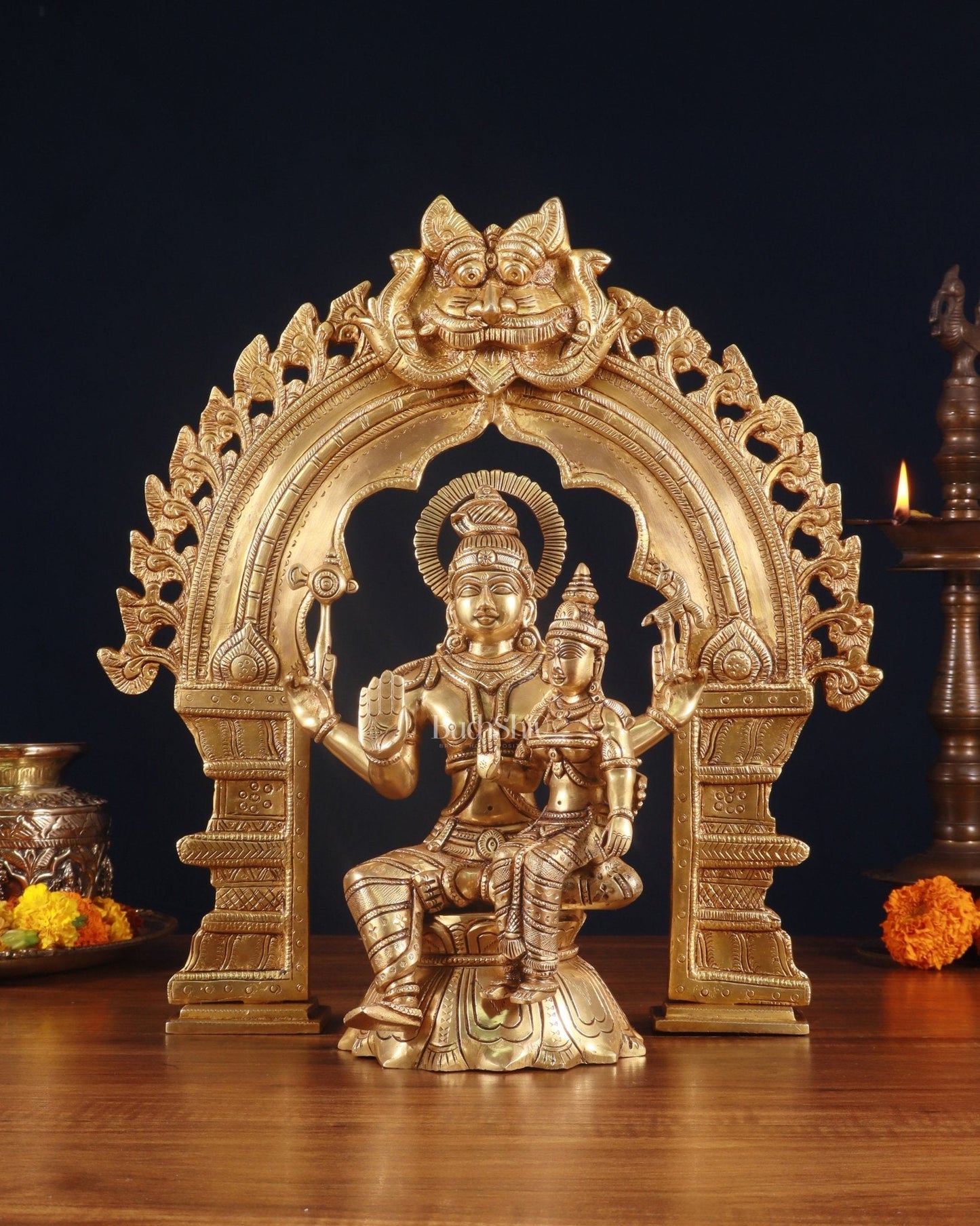Brass Shiva & Parvati Seated Statue with Prabhavali Arch 17" | 100% Certified Copper & Brass - Sama Homes Idol - Brass Sculpture