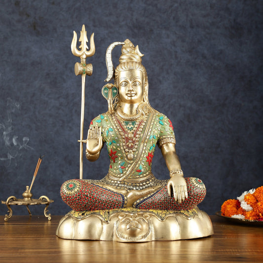 Brass Shiva Statue 20 inch Stonework | 100% Certified Copper & Brass - Sama Homes Idol - Brass Sculpture