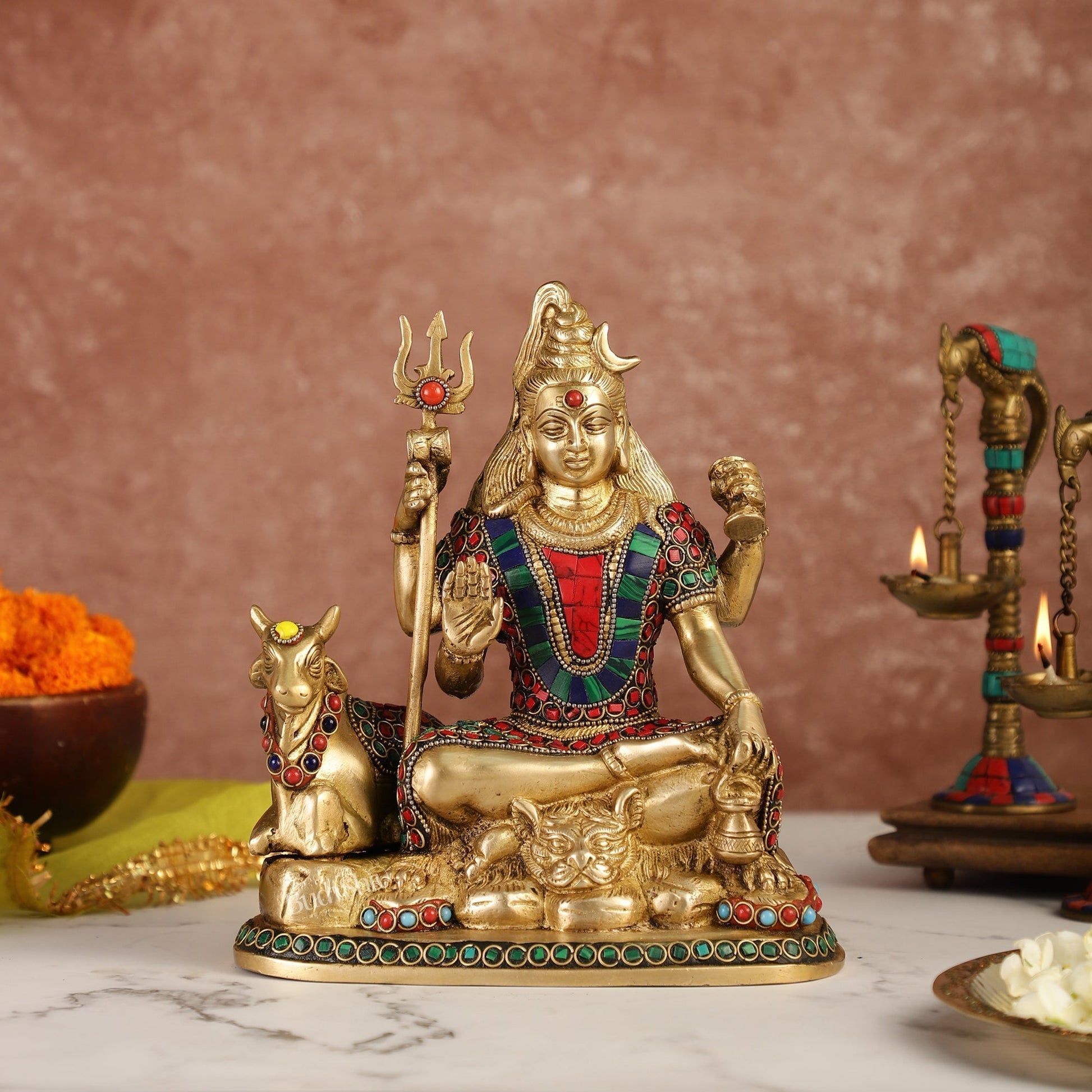 Brass Shiva statue with nandi 9 " | 100% Certified Copper & Brass - Sama Homes Idol - Brass Sculpture - Eco-friendly - Sama Homes