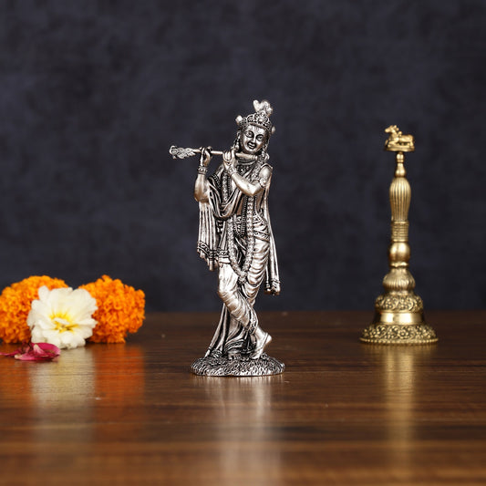 Brass silver plated Superfine Intricate Krishna Idol - 6" Height | 100% Certified Copper & Brass - Sama Homes Idol - Brass Sculpture