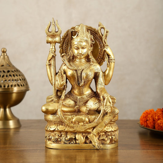 Brass sitting Ardhanarishwara Statue - Lord Shiva and Goddess Parvati Sculpture - 9.5 inch | 100% Certified Copper & Brass - Sama Homes Idol - Brass Sculpture
