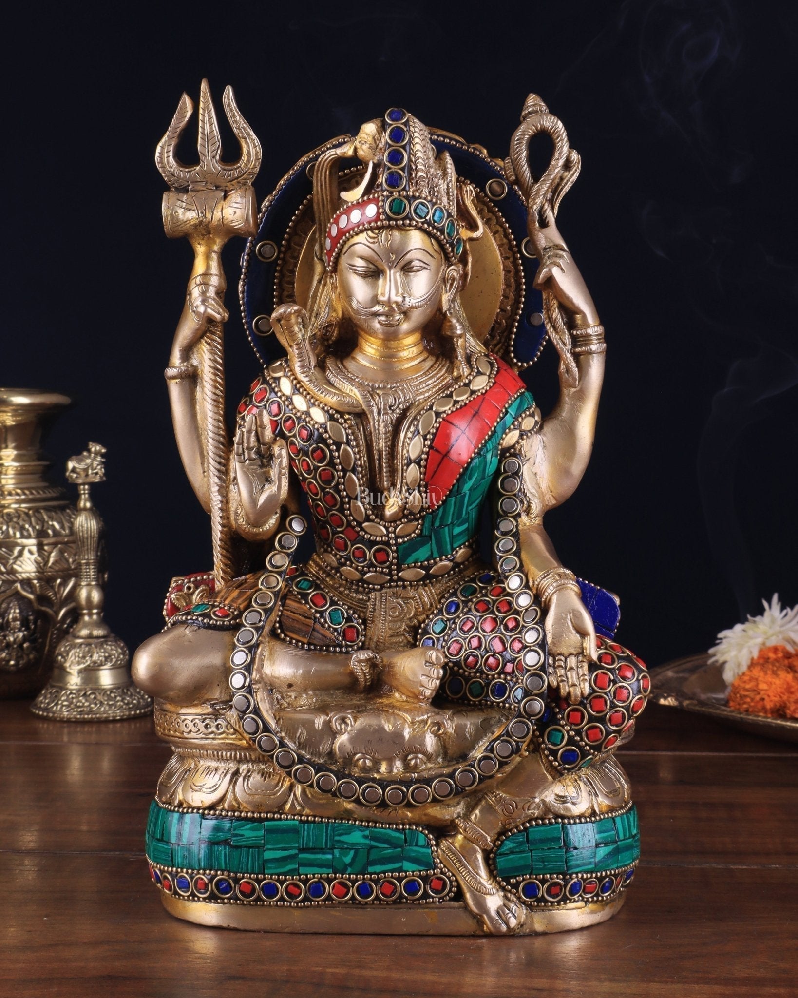 Brass sitting Ardhanarishwara Statue - shiv parvati  - 9.5 inch with stonework | 100% Certified Copper & Brass - Sama Homes Idol - Brass Sculpture - Eco-friendly - Sama Homes
