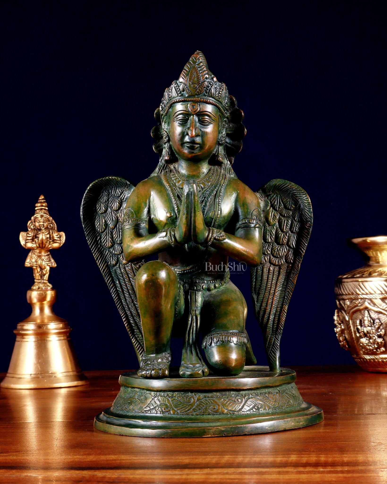 Brass Sitting Garuda Dev in Namaskar Mudra – 9” Chola bronze tone | 100% Certified Copper & Brass - Sama Homes Idol - Brass Sculpture - Eco-friendly - Sama Homes