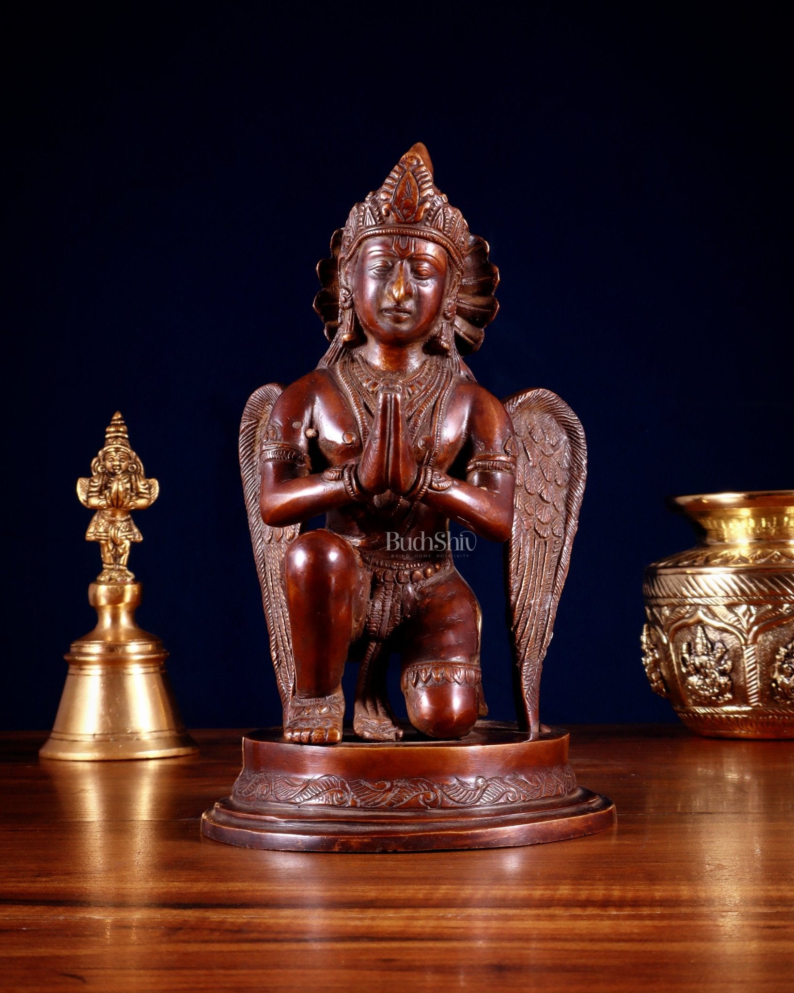 Brass Sitting Garuda Dev in Namaskar Mudra – 9” Monochrome Dark Brown tone | 100% Certified Copper & Brass - Sama Homes Idol - Brass Sculpture - Eco-friendly - Sama Homes