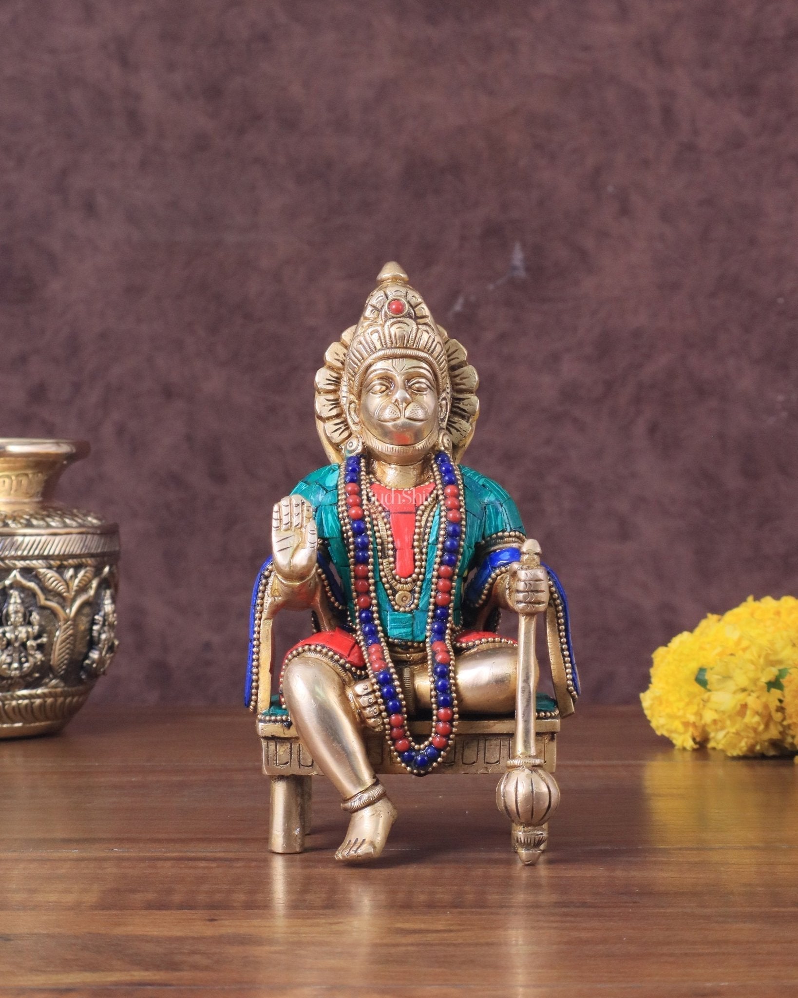 Brass Sitting Lord Hanuman Statue - 6 Inch meenakari | 100% Certified Copper & Brass - Sama Homes Idol - Brass Sculpture - Eco-friendly - Sama Homes
