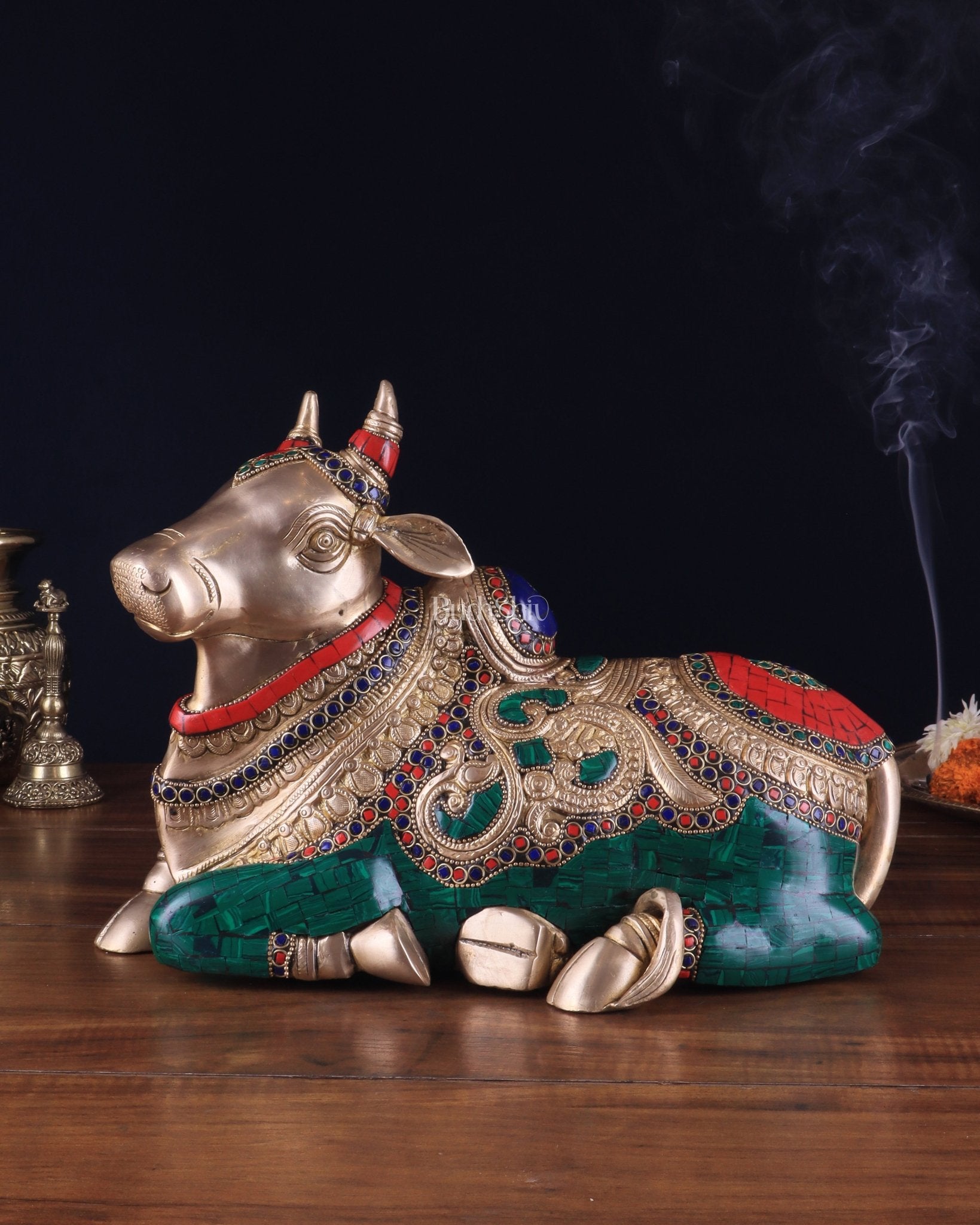 Brass Sitting Nandi Statue - 13" | Right Leg Raised with stonework | 100% Certified Copper & Brass - Sama Homes Idol - Brass Sculpture - Eco-friendly - Sama Homes