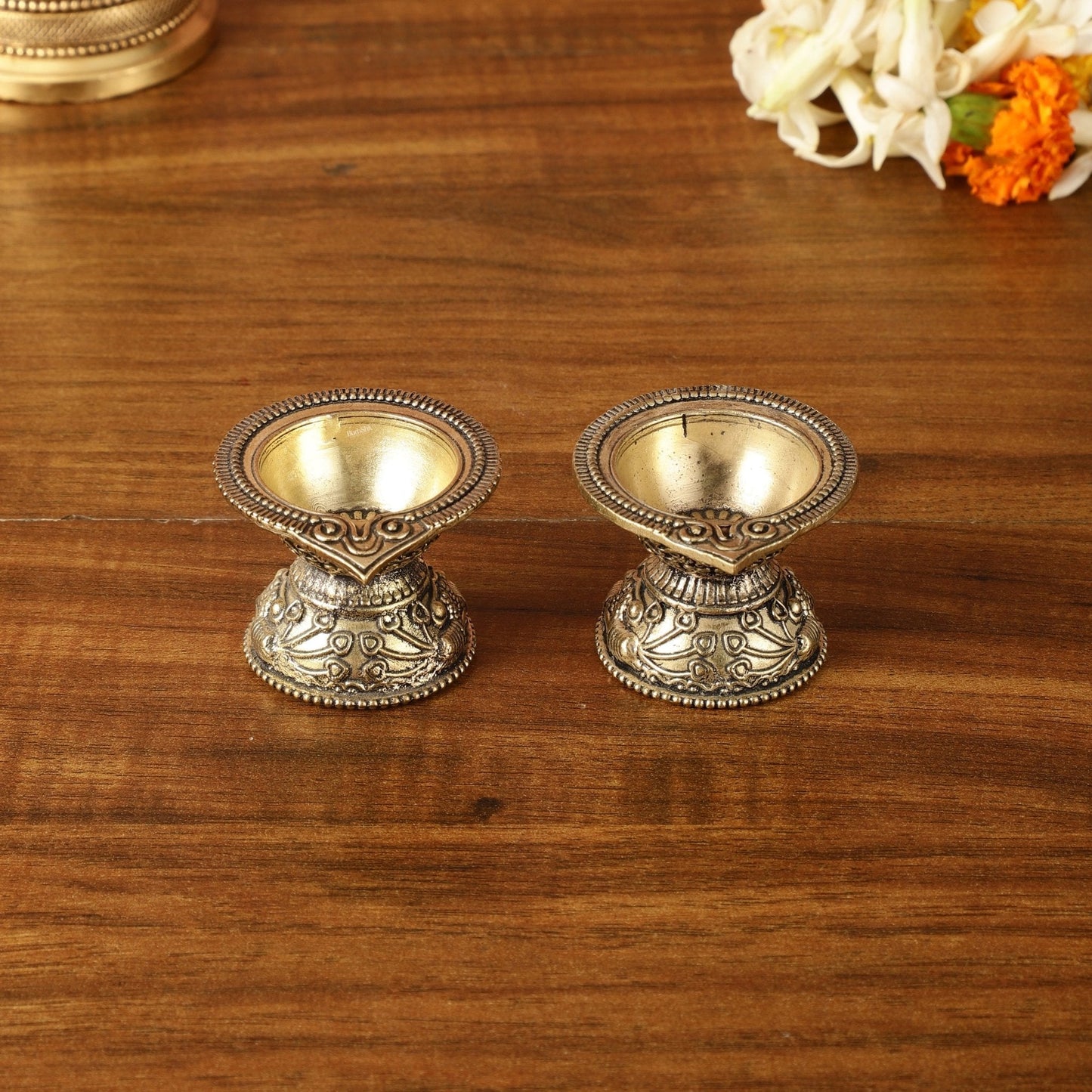Brass Small Diyas for Home Temple Pair | 1.5 Inch Height | 100% Certified Copper & Brass - Sama Homes Idol - Brass Sculpture