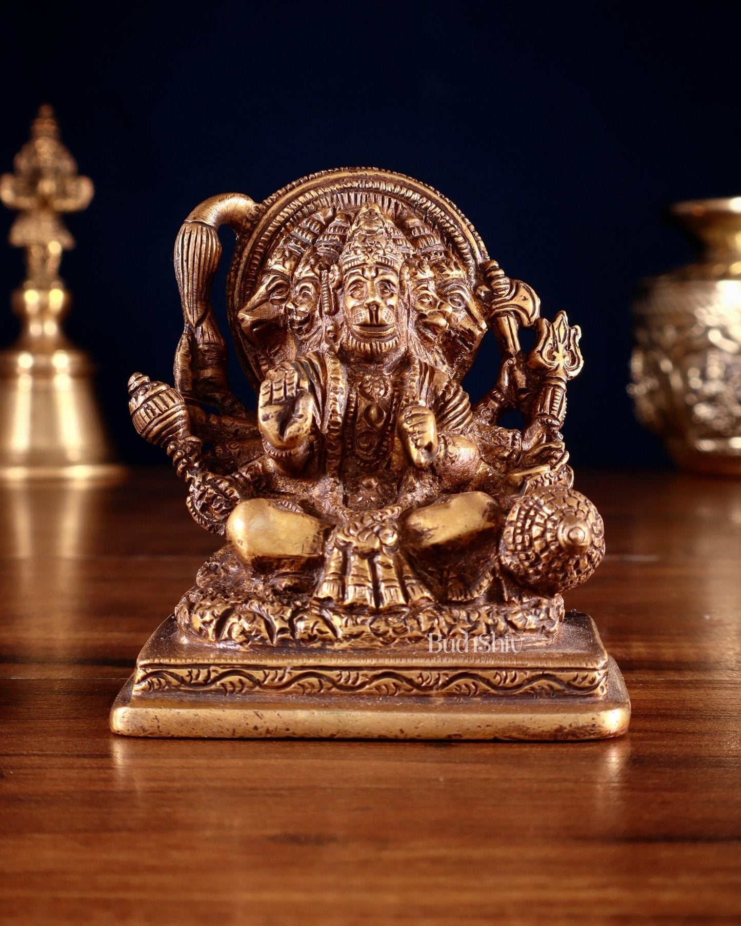 Brass Small Panchmukhi Hanuman with Crossed Legs Statue 3.5" antique tone | 100% Certified Copper & Brass - Sama Homes Idol - Brass Sculpture