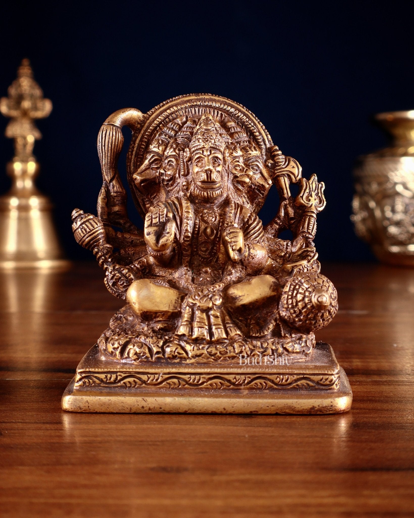 Brass Small Panchmukhi Hanuman with Crossed Legs Statue 3.5" antique tone | 100% Certified Copper & Brass - Sama Homes Idol - Brass Sculpture - Eco-friendly - Sama Homes
