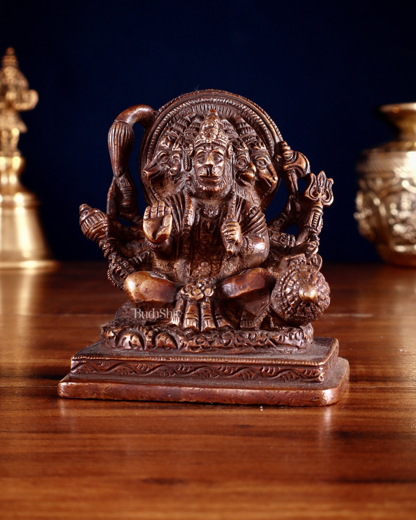 Brass Small Panchmukhi Hanuman with Crossed Legs Statue 3.5" Burnt brass tone | 100% Certified Copper & Brass - Sama Homes Idol - Brass Sculpture - Eco-friendly - Sama Homes