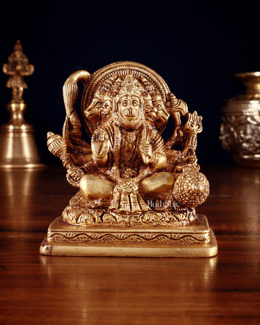 Brass Small Panchmukhi Hanuman with Crossed Legs Statue 3.5" | 100% Certified Copper & Brass - Sama Homes Idol - Brass Sculpture