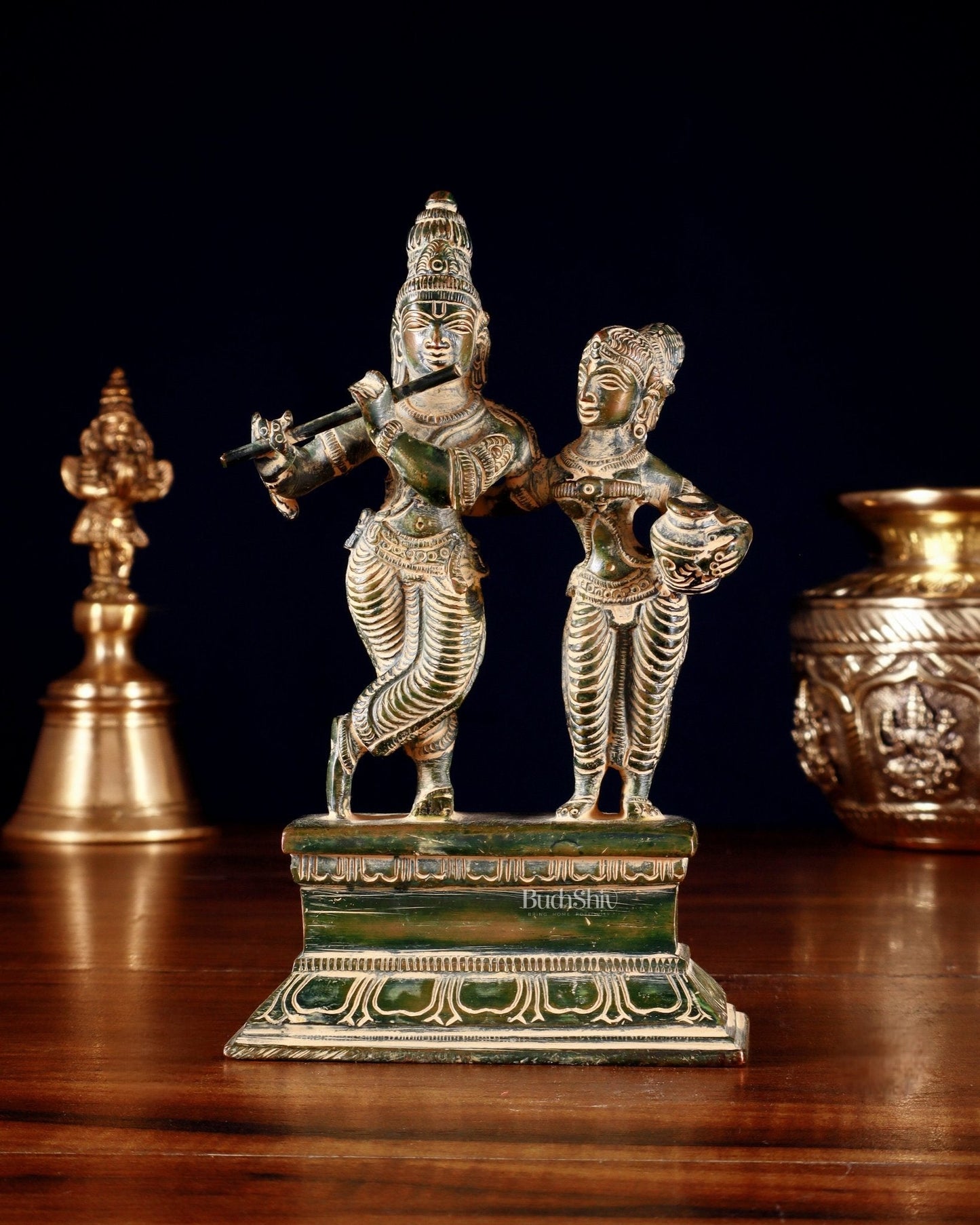 Brass Small Radha Krishna Idol - 6.5" Tall green tone | 100% Certified Copper & Brass - Sama Homes Idol - Brass Sculpture