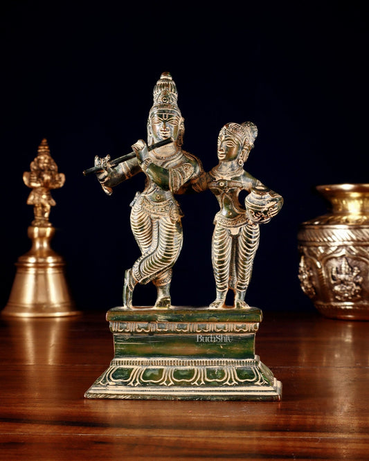 Brass Small Radha Krishna Idol - 6.5" Tall green tone | 100% Certified Copper & Brass - Sama Homes Idol - Brass Sculpture