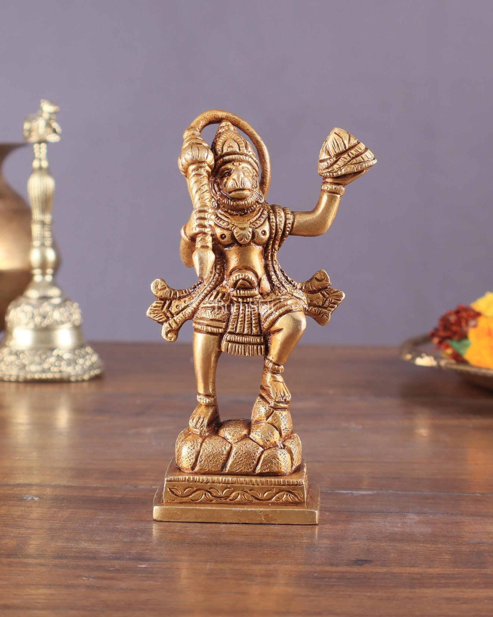 Brass Small Sanjeevani Mountain Hanuman Idol 4.5 inch | 100% Certified Copper & Brass - Sama Homes Idol - Brass Sculpture - Eco-friendly - Sama Homes