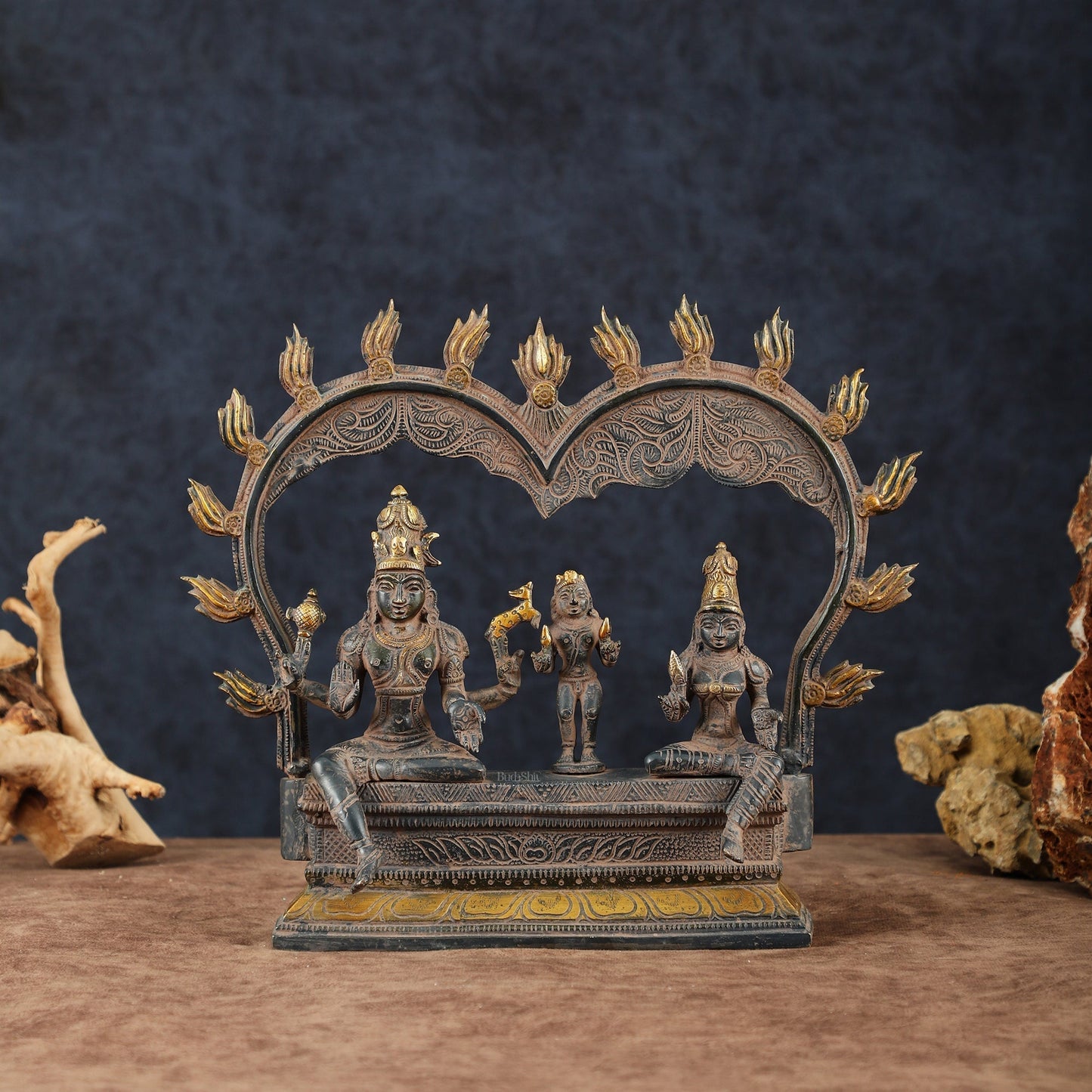 Brass Somaskanda Shiva, Parvati, and Kartikeya Idol – 11.5" Height, Vintage Sandstone Finish | 100% Certified Copper & Brass - Sama Homes Idol - Brass Sculpture