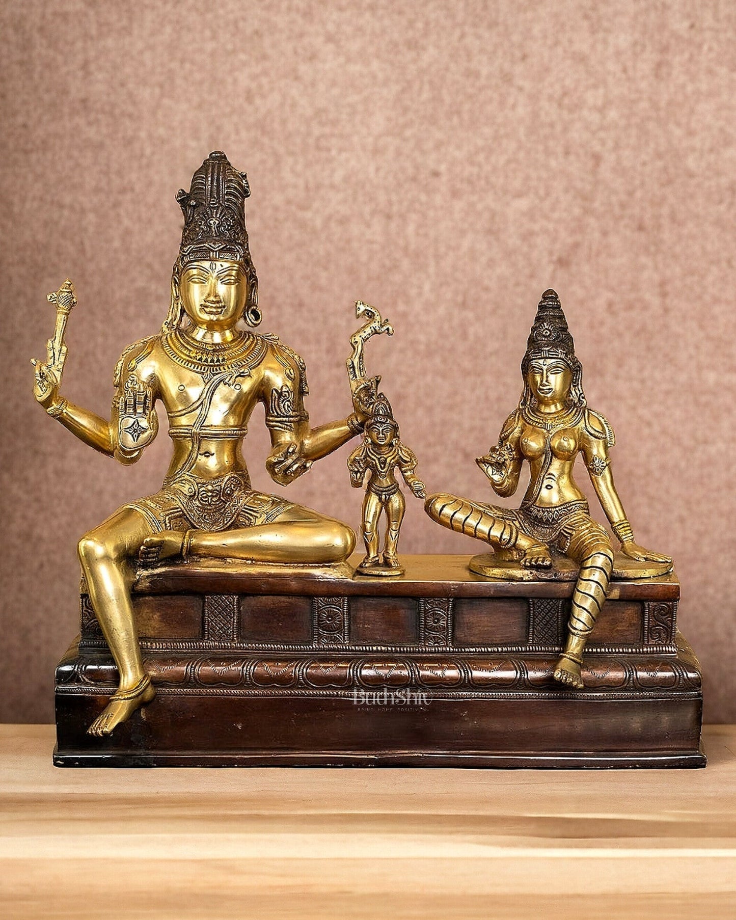 Brass Somaskanda Statue - Lord Shiva, Parvati, Murugan 15 inch | 100% Certified Copper & Brass - Sama Homes Idol - Brass Sculpture