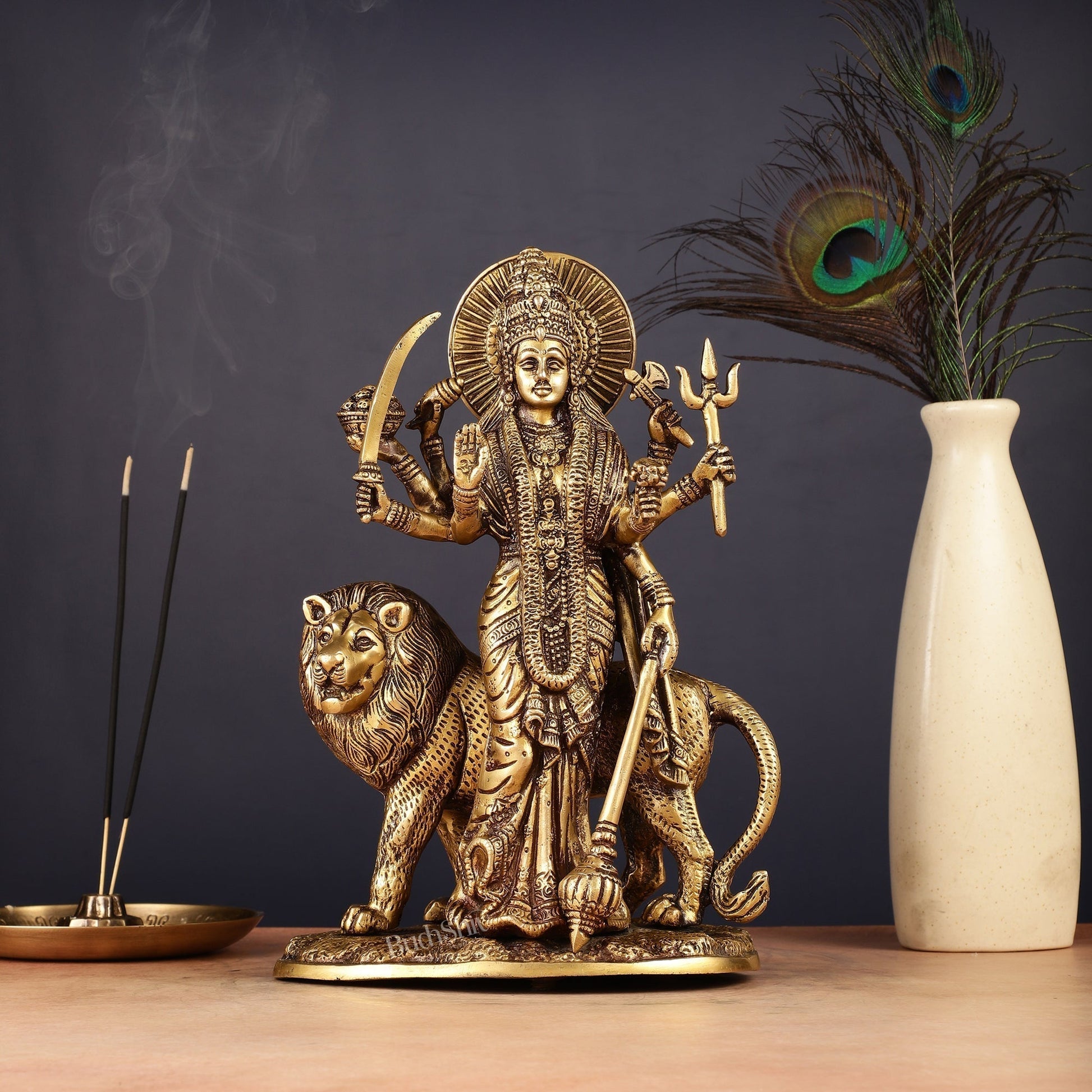 Brass Standing Durga Lion eight Armed Idol - 10.5" | 100% Certified Copper & Brass - Sama Homes Idol - Brass Sculpture - Eco-friendly - Sama Homes