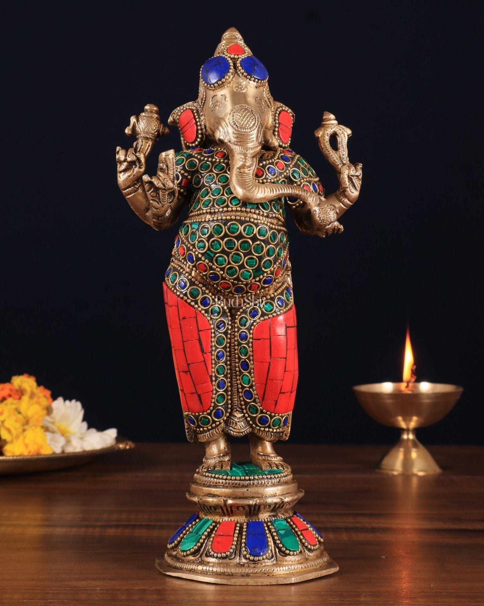 Brass Standing Ganesha Idol 10" with stonework | 100% Certified Copper & Brass - Sama Homes Idol - Brass Sculpture - Eco-friendly - Sama Homes