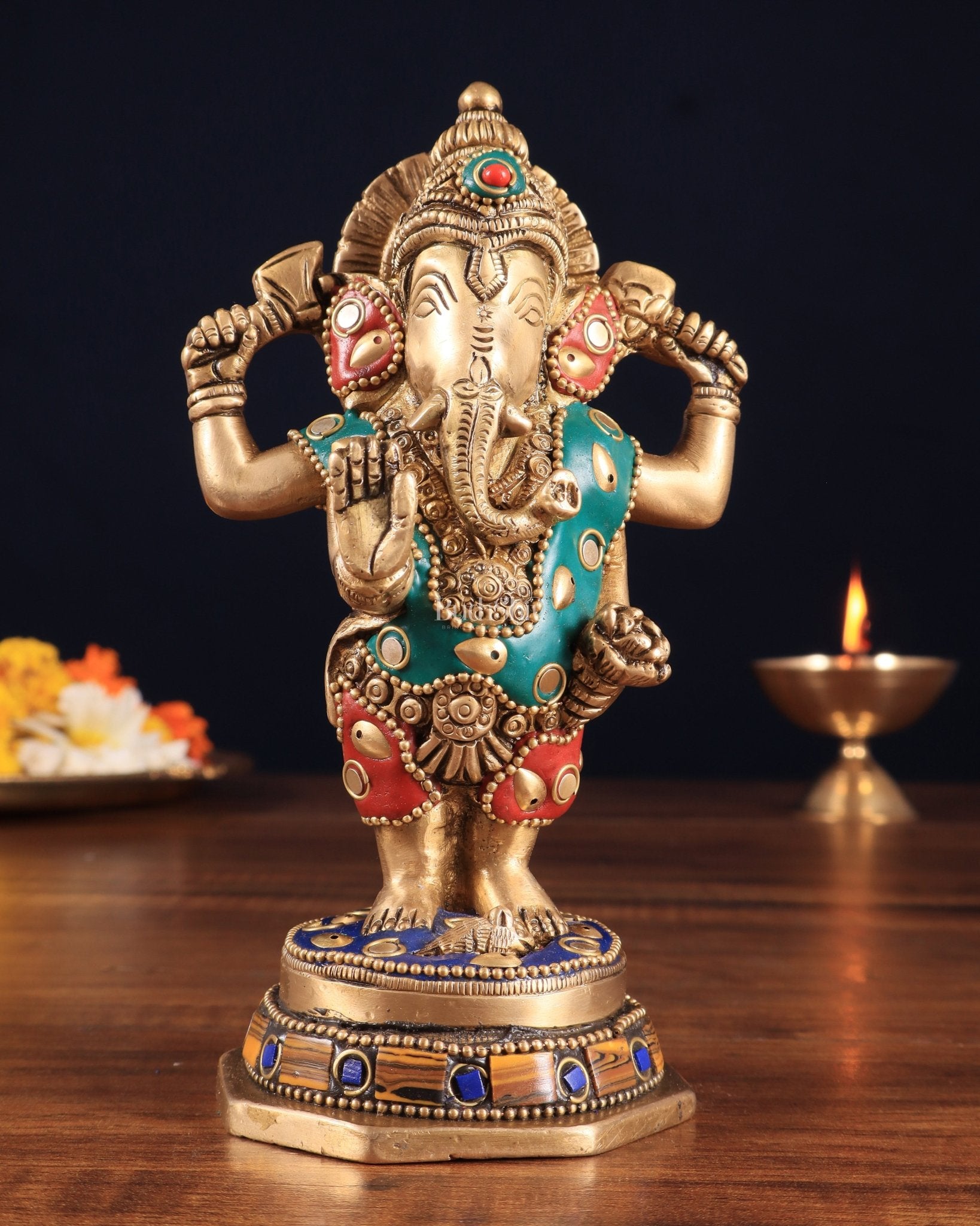 Brass Standing Ganesha Idol | Height 6.5 inch with stonework | 100% Certified Copper & Brass - Sama Homes Idol - Brass Sculpture - Eco-friendly - Sama Homes