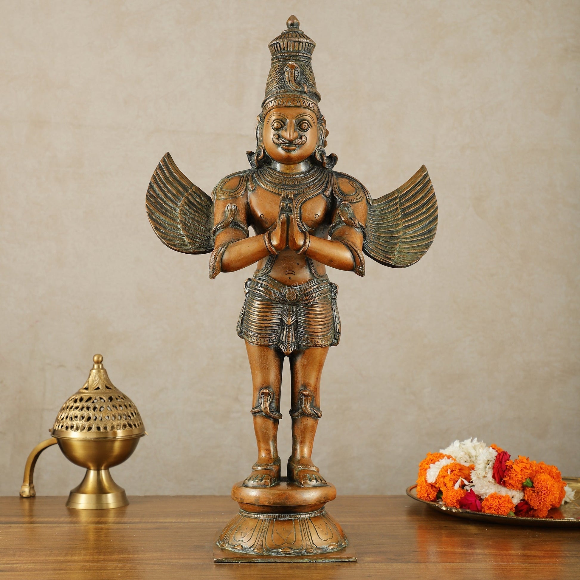 Brass Standing Garuda Dev Statue - 22 Inch Vintage Bronze tone | 100% Certified Copper & Brass - Sama Homes Idol - Brass Sculpture - Eco-friendly - Sama Homes