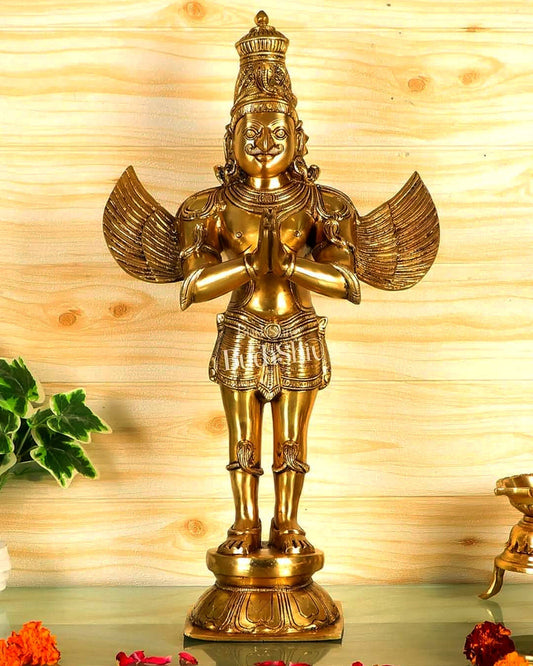 Brass Standing Garuda Dev Statue - Golden Finish, 22" Tall, 11 kg | 100% Certified Copper & Brass - Sama Homes Idol - Brass Sculpture