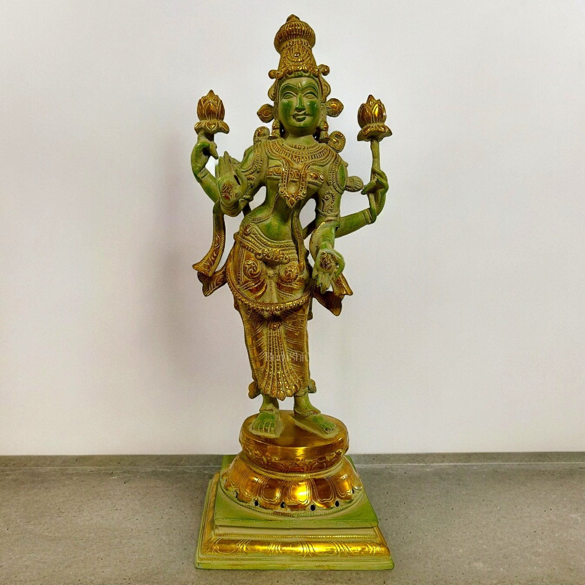 Brass Standing Lakshmi Idol - 19 Inch, Sand finish Green | 100% Certified Copper & Brass - Sama Homes Idol - Brass Sculpture - Eco-friendly - Sama Homes