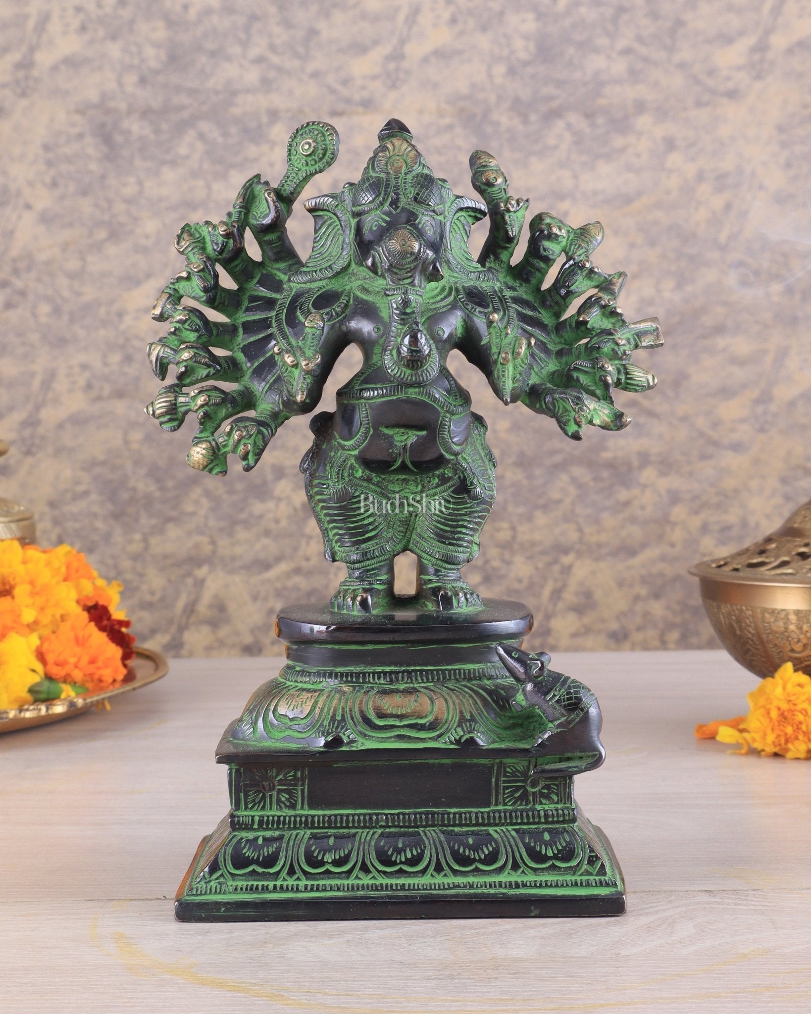 Brass Standing Lord Ganesha Idol with 16 Arms - 8.5 Inch black and green patina tone | 100% Certified Copper & Brass - Sama Homes Idol - Brass Sculpture - Eco-friendly - Sama Homes