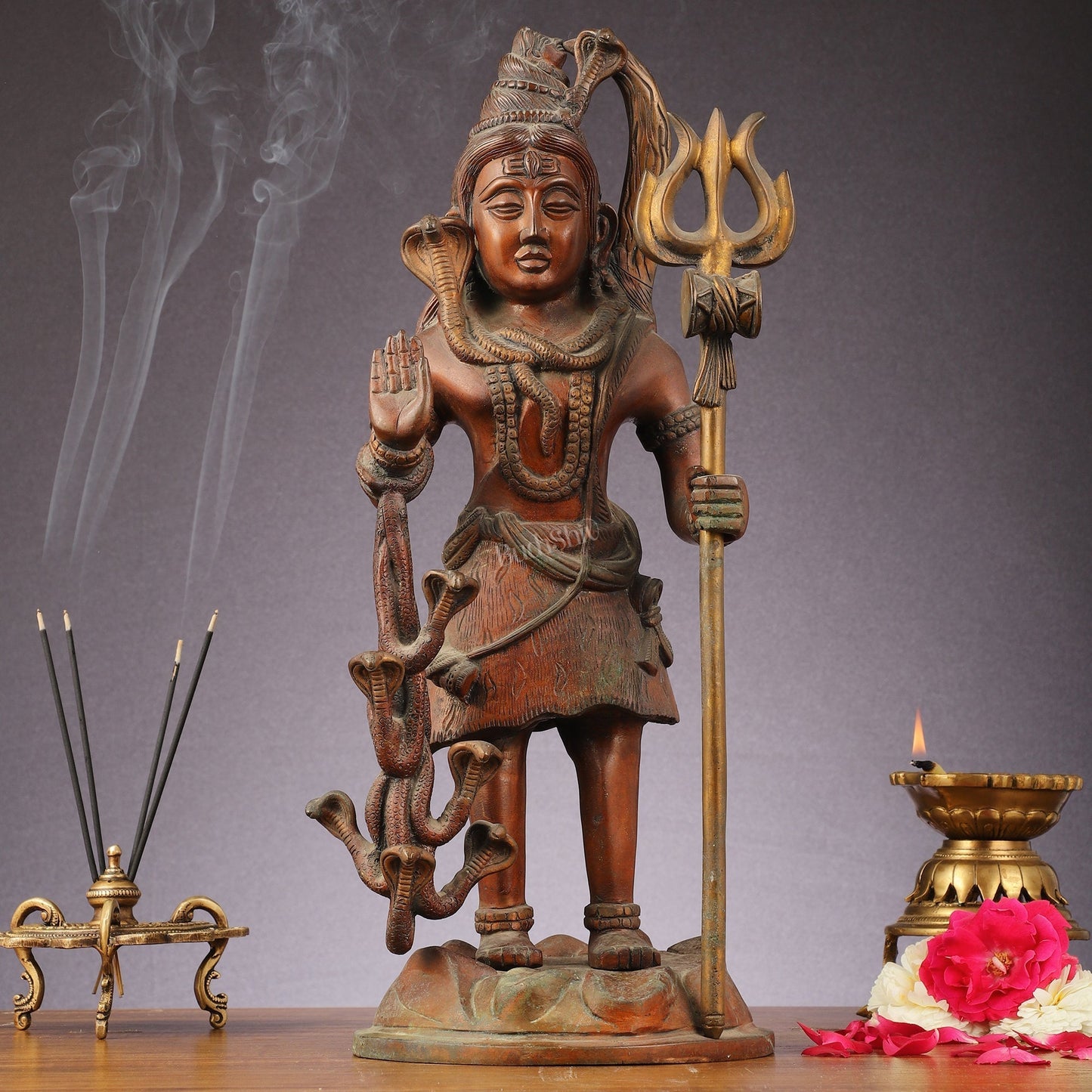 Brass Standing Lord Shiva Statue - Rustic finish - 18" | 100% Certified Copper & Brass - Sama Homes Idol - Brass Sculpture
