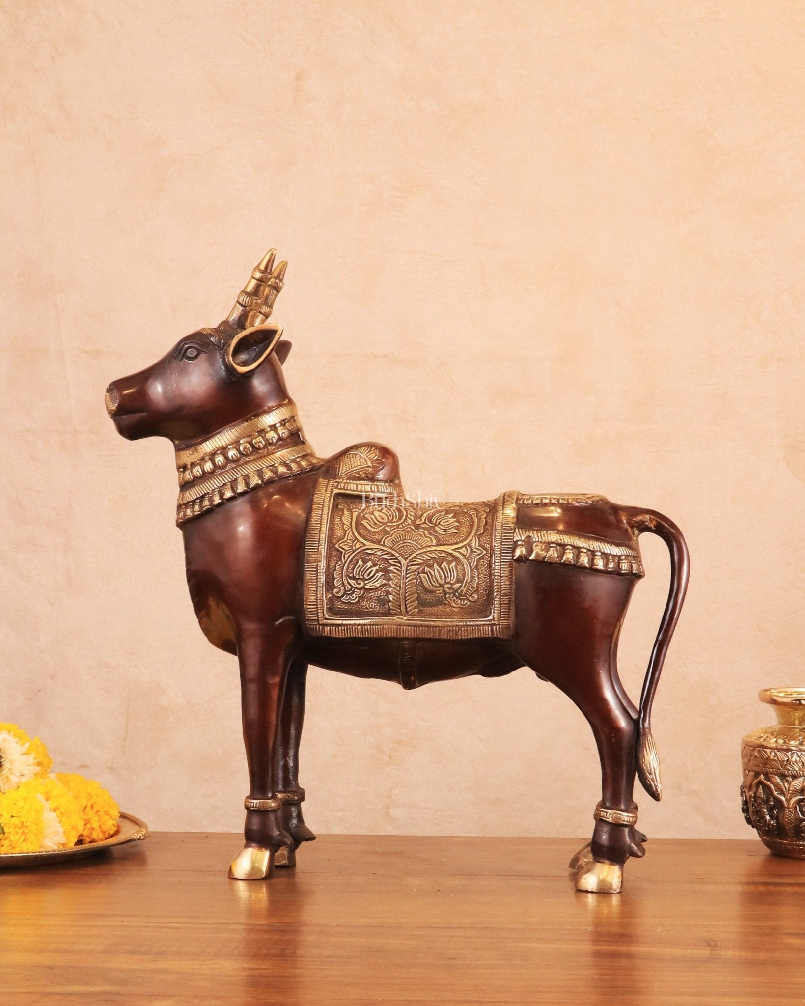 Brass Standing Nandi Statue in vintage Tone - 16" | 100% Certified Copper & Brass - Sama Homes Idol - Brass Sculpture - Eco-friendly - Sama Homes