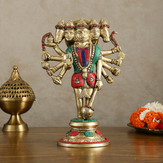 Brass Standing Panchmukhi Hanuman Idol 12 inch with stonework | 100% Certified Copper & Brass - Sama Homes Idol - Brass Sculpture