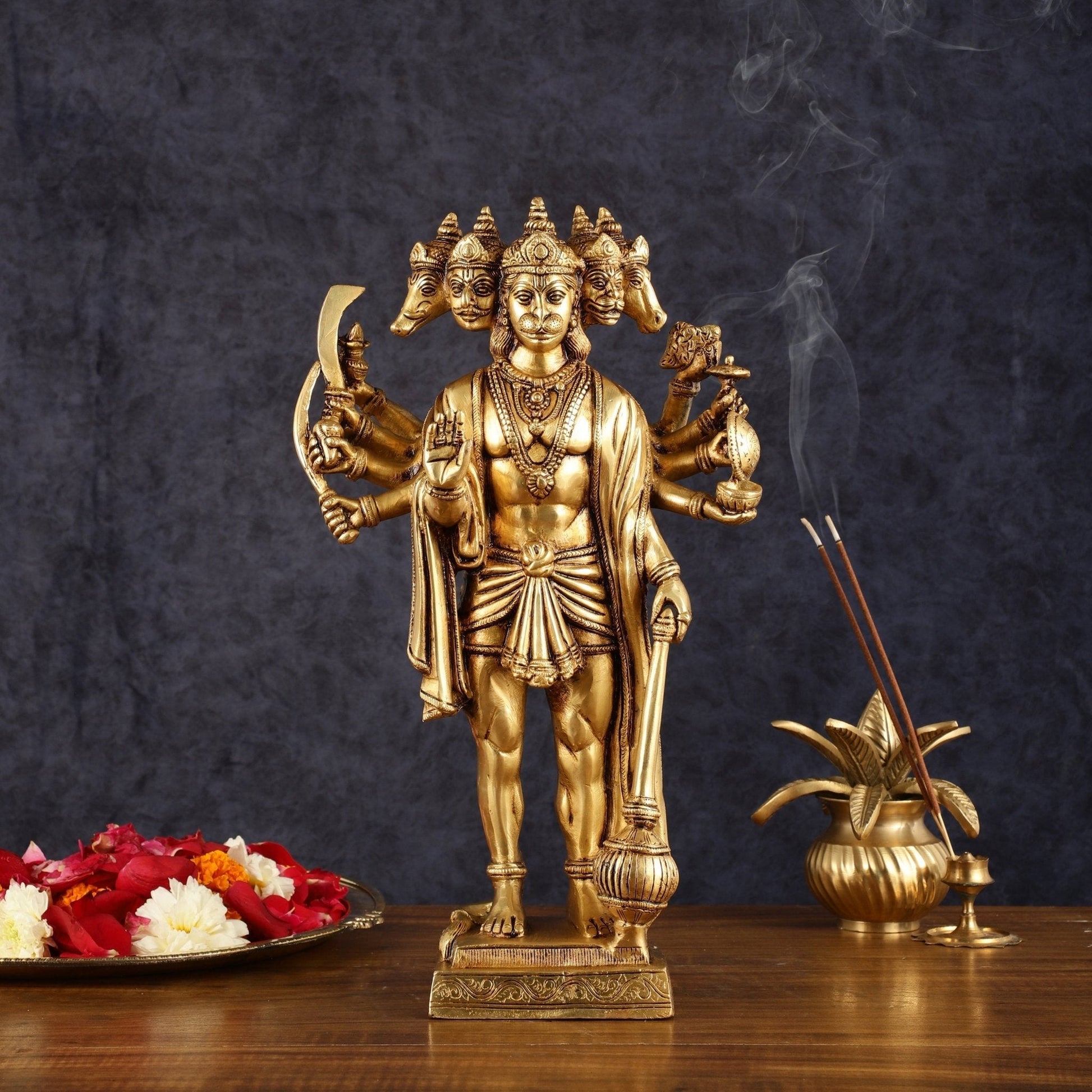 Brass Standing Panchmukhi Hanuman idol 14" | 100% Certified Copper & Brass - Sama Homes Idol - Brass Sculpture - Eco-friendly - Sama Homes