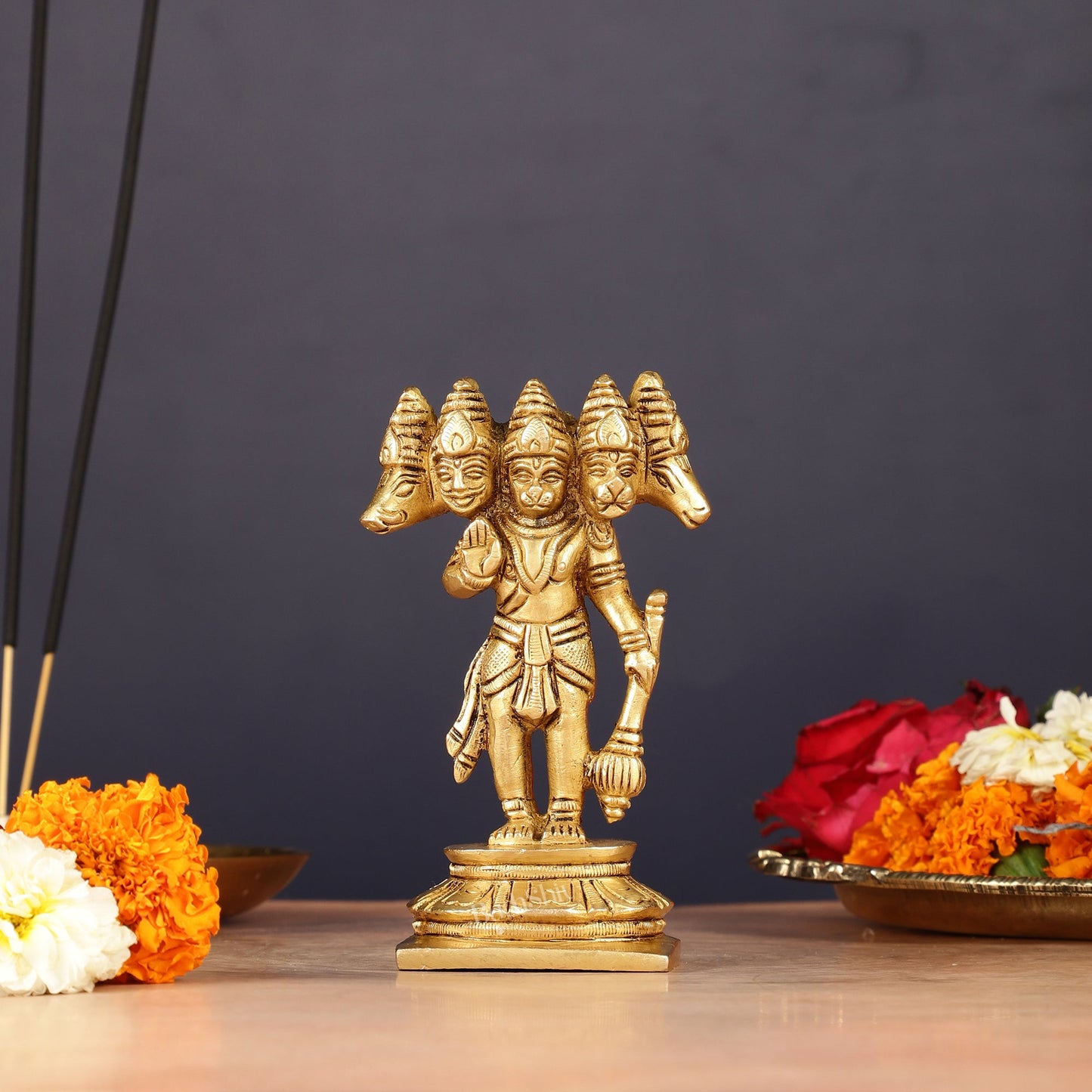 Brass Standing Panchmukhi Hanuman Murti | Height 5.5 inch matte | 100% Certified Copper & Brass - Sama Homes Idol - Brass Sculpture