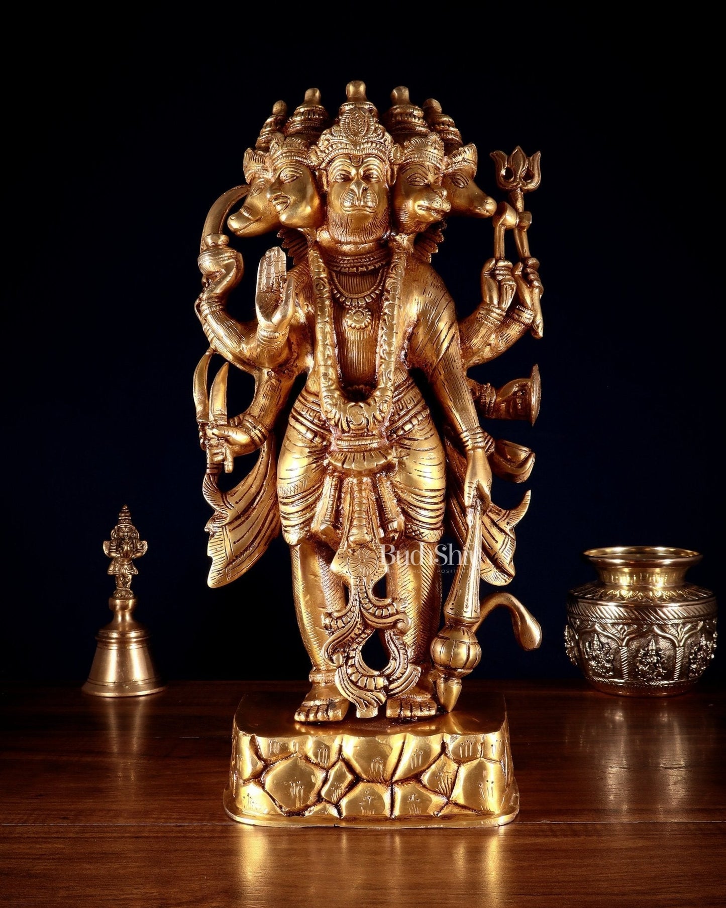 Brass standing Panchmukhi Hanuman Statue  - 17.5 Inches | 100% Certified Copper & Brass - Sama Homes Idol - Brass Sculpture