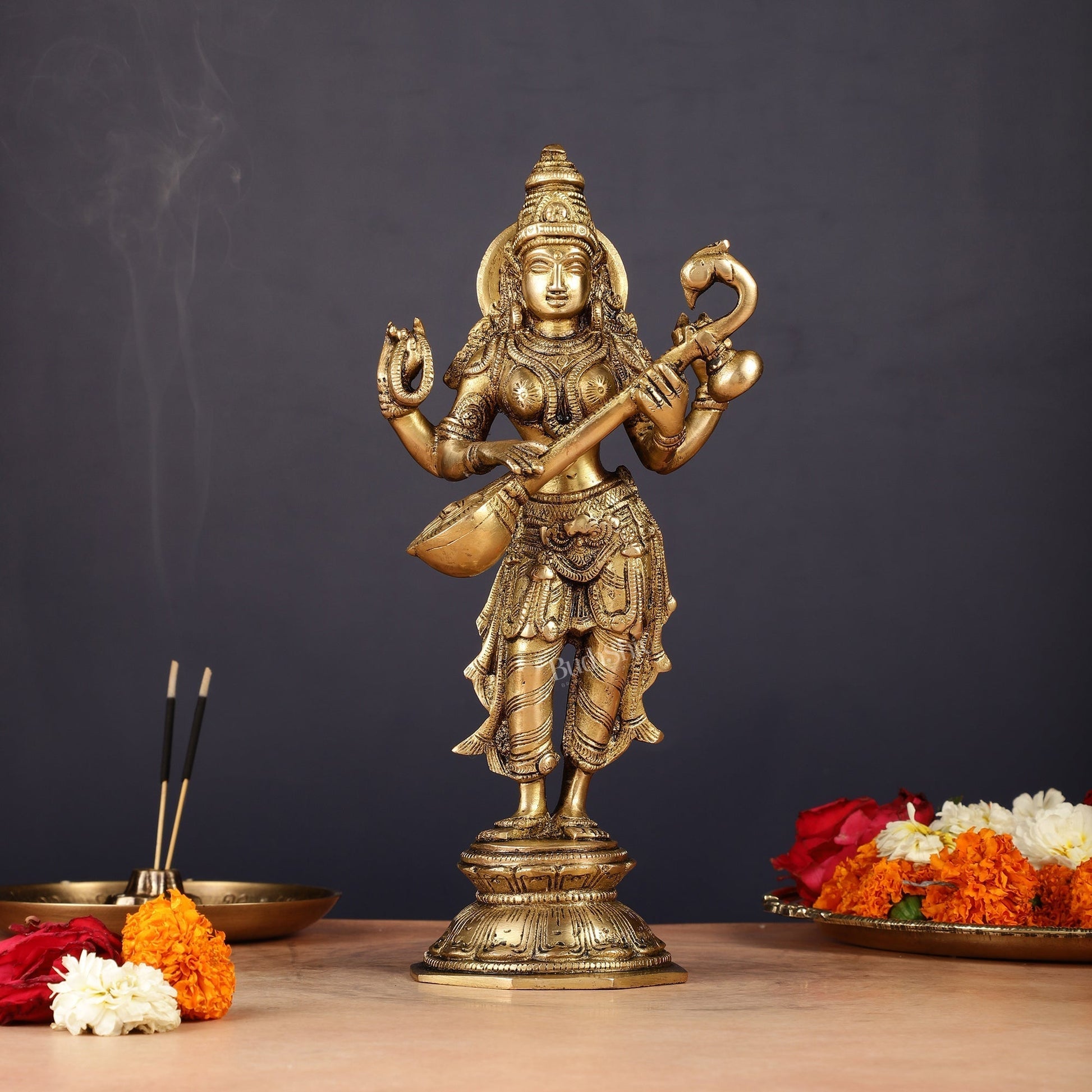 Brass Standing Saraswati Idol 10" | 100% Certified Copper & Brass - Sama Homes Idol - Brass Sculpture - Eco-friendly - Sama Homes