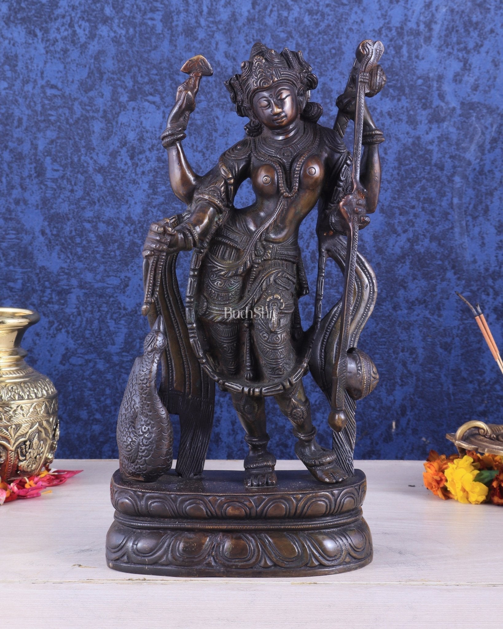 Brass Standing Saraswati with Swan Idol – Antique Bronze Tone 15 inch | 100% Certified Copper & Brass - Sama Homes Idol - Brass Sculpture - Eco-friendly - Sama Homes