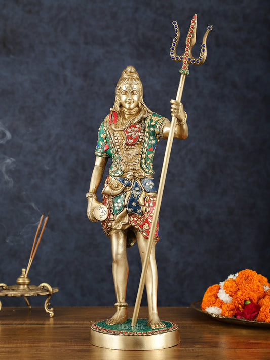Brass Standing Shiva Statue with Damru and Trishul – 18" Height, Meenakari Stonework | 100% Certified Copper & Brass - Sama Homes Idol - Brass Sculpture