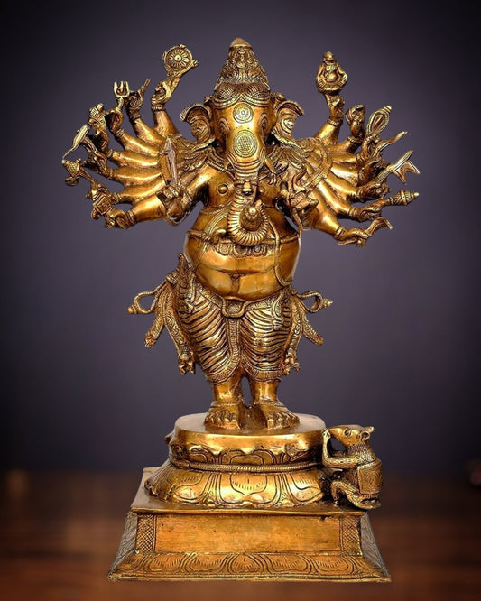 Brass Standing Vir Ganesha with 16 arms 23 " | 100% Certified Copper & Brass - Sama Homes Idol - Brass Sculpture