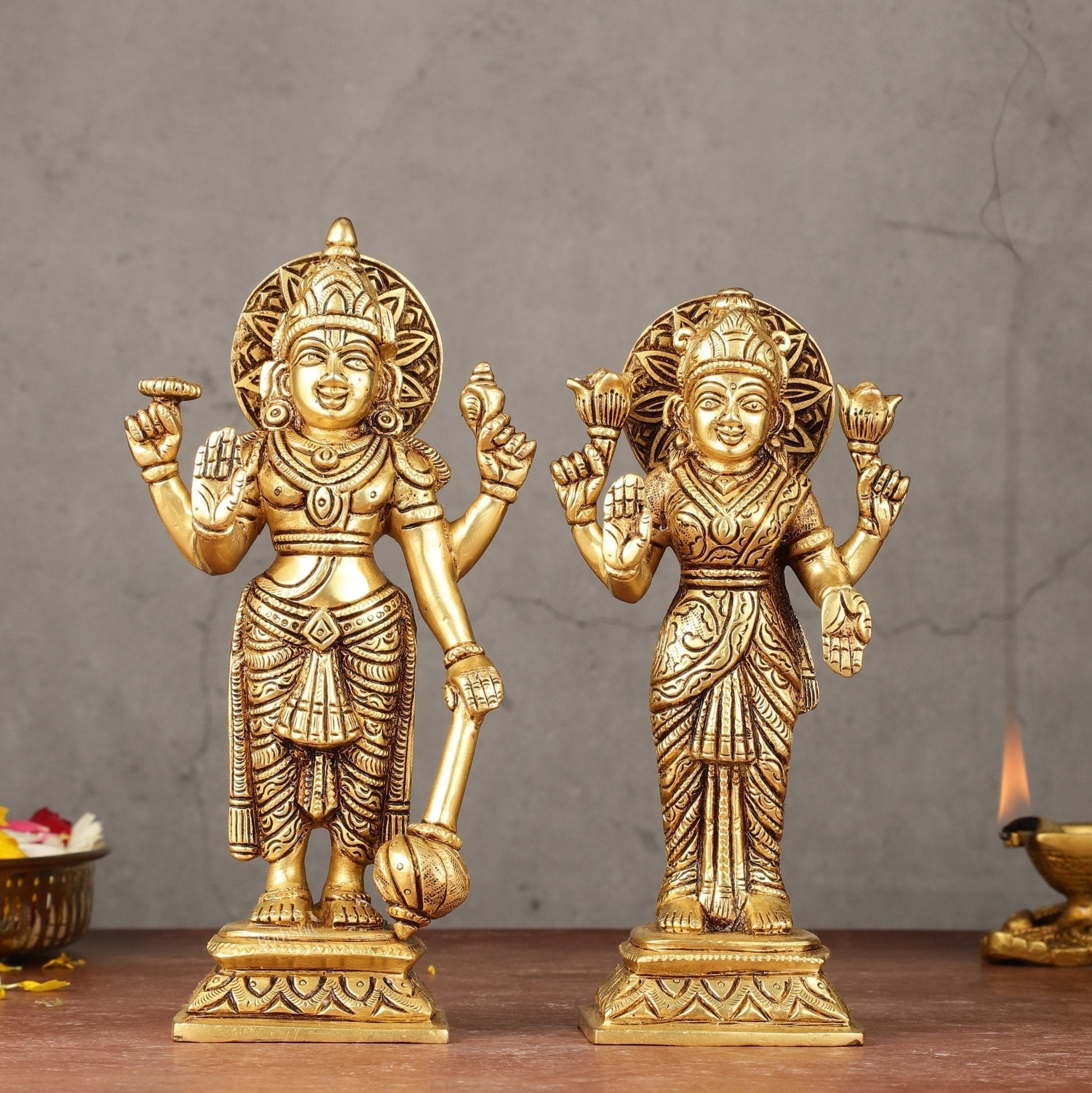 Brass standing Vishnu lakshmi superfine idols 8 inch | 100% Certified Copper & Brass - Sama Homes Idol - Brass Sculpture - Eco-friendly - Sama Homes