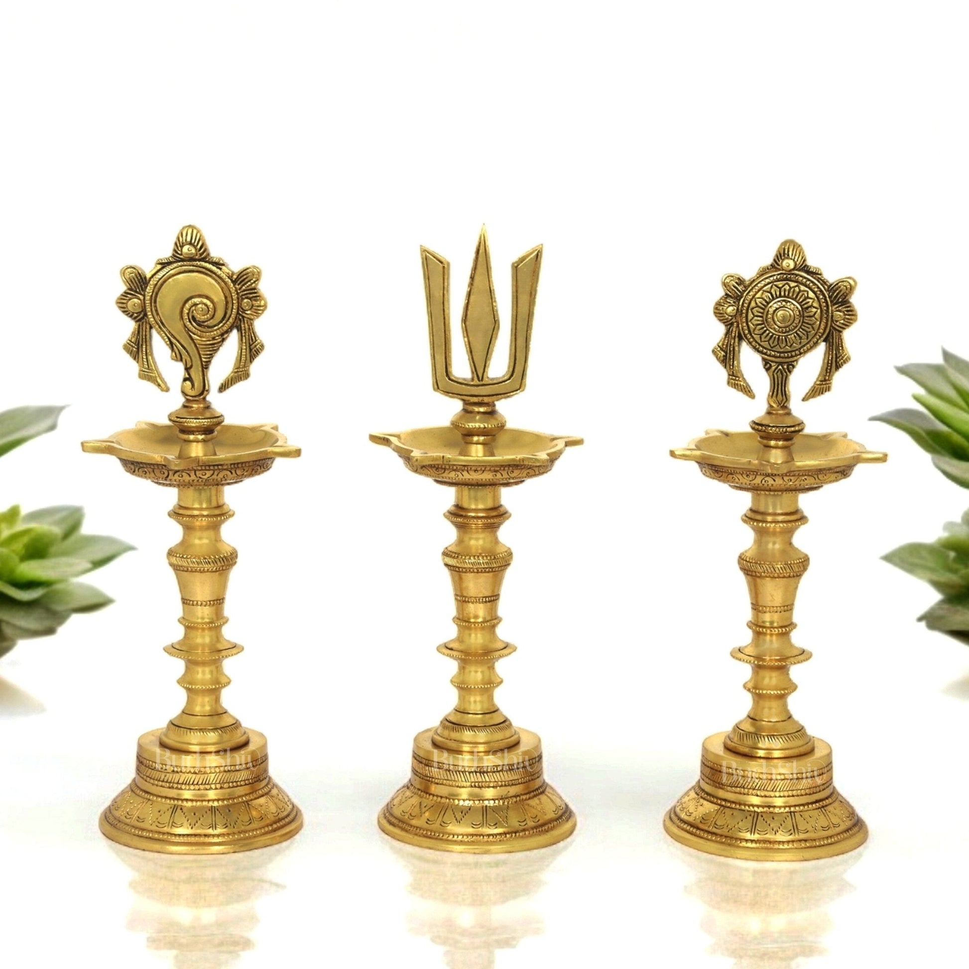 Brass Superfine 12-Inch Shankh, Chakra, Naama Oil Lamp Vilakku Diya | 100% Certified Copper & Brass - Sama Homes Idol - Brass Sculpture - Eco-friendly - Sama Homes