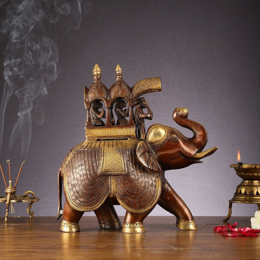Brass Superfine Antique Brown Ambari Elephant with trunk up statue 12"