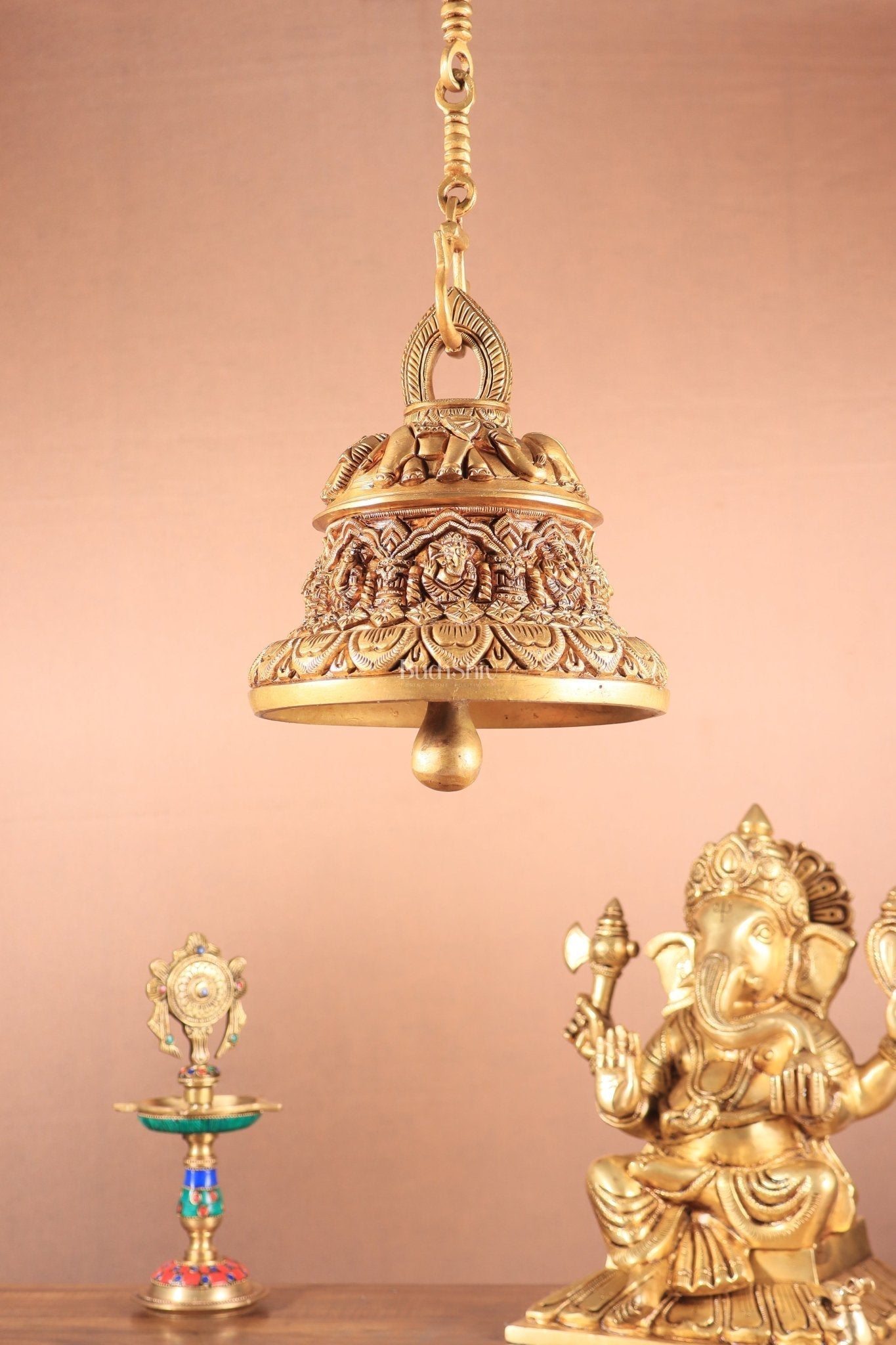 Brass Superfine Ashta Vinayaka Ganesha Hanging Temple Bell with Elephant Carvings | 100% Certified Copper & Brass - Sama Homes Idol - Brass Sculpture - Eco-friendly - Sama Homes